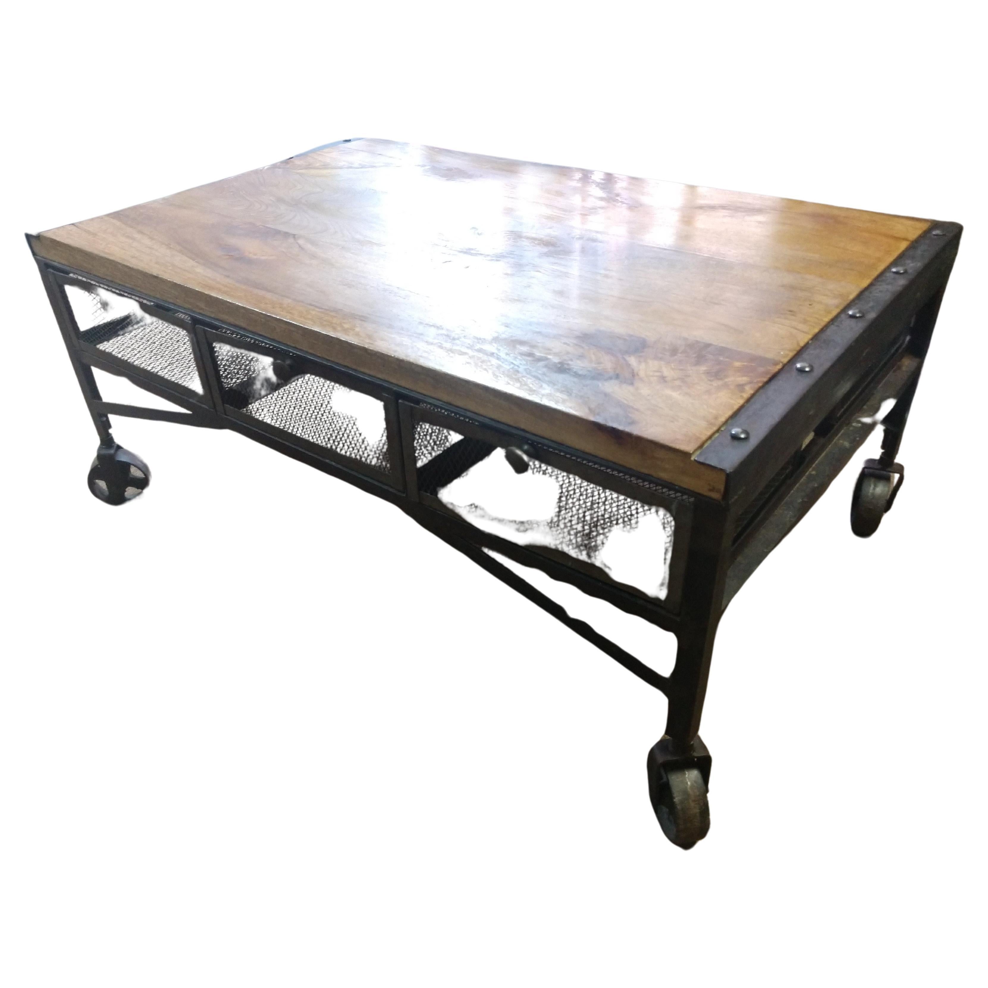 Stained Industrial Style Loading Dock Cart Cocktail Table Six Wire Basket Drawers For Sale