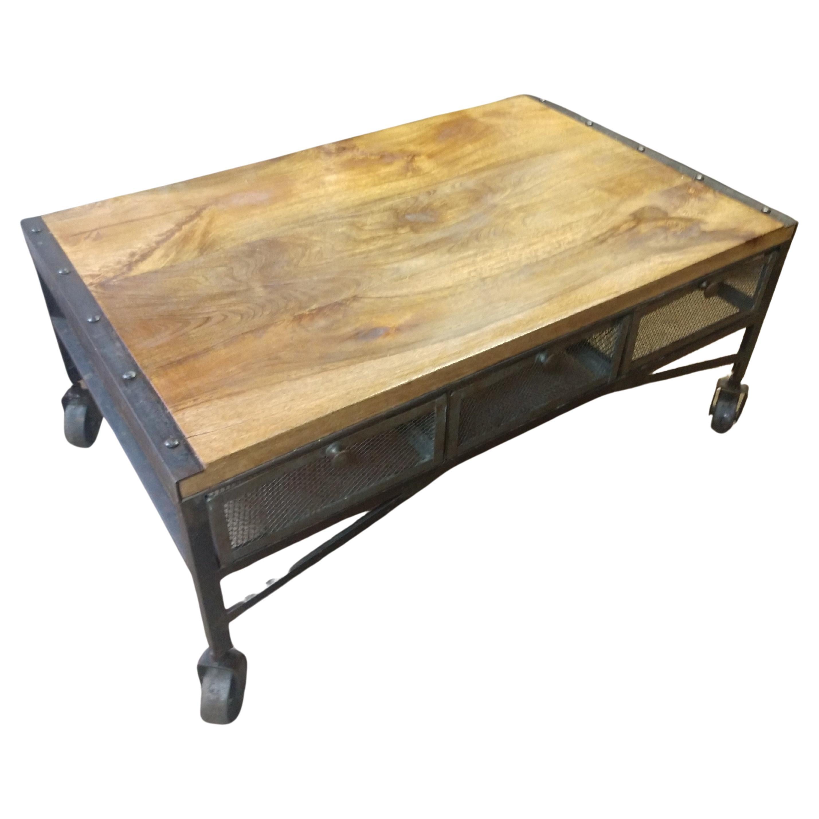 Industrial Style Loading Dock Cart Cocktail Table Six Wire Basket Drawers For Sale