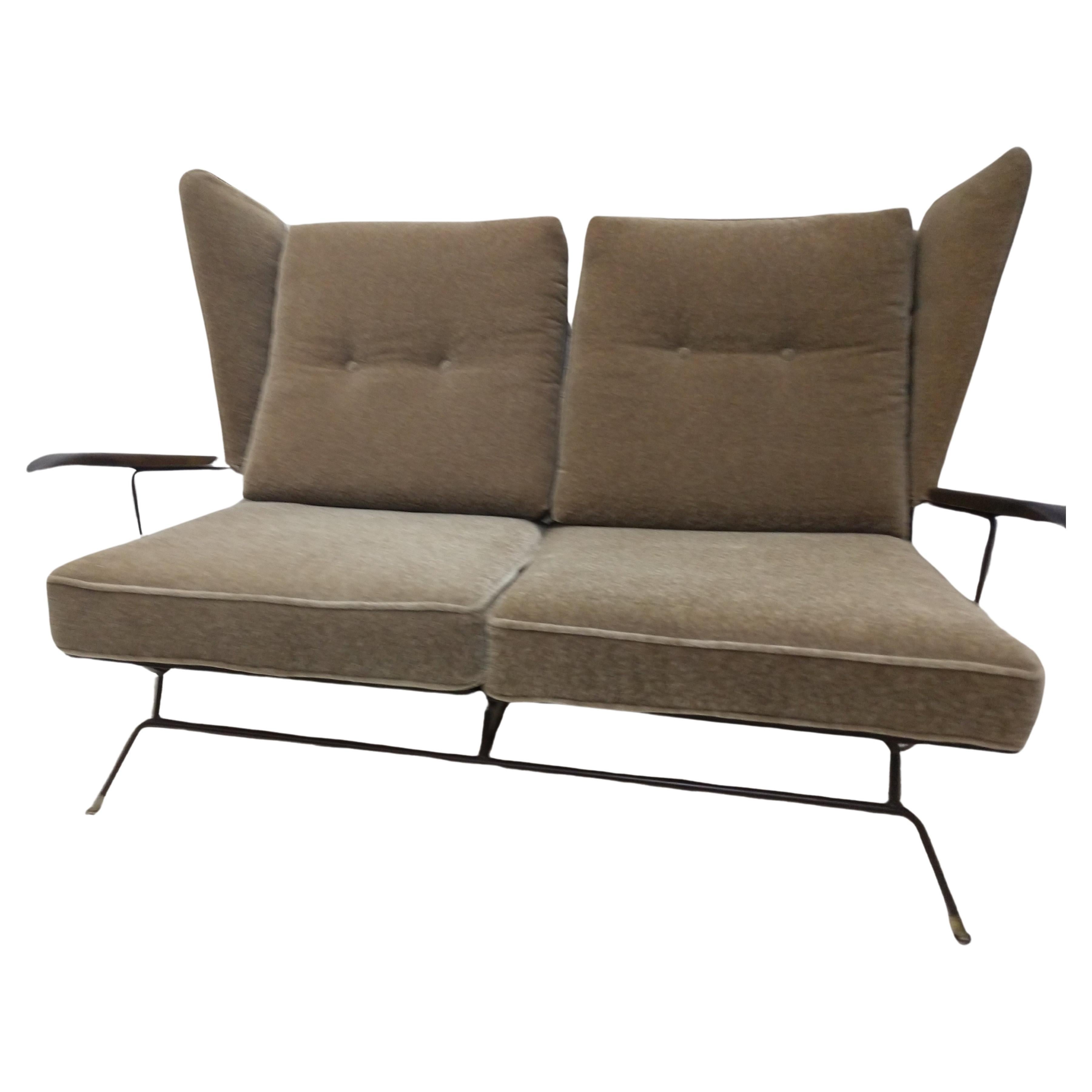 Pair Mid-Century Modern Two Seat Sofa Settees By Max Stout Mohair w Iron Frames  For Sale 1