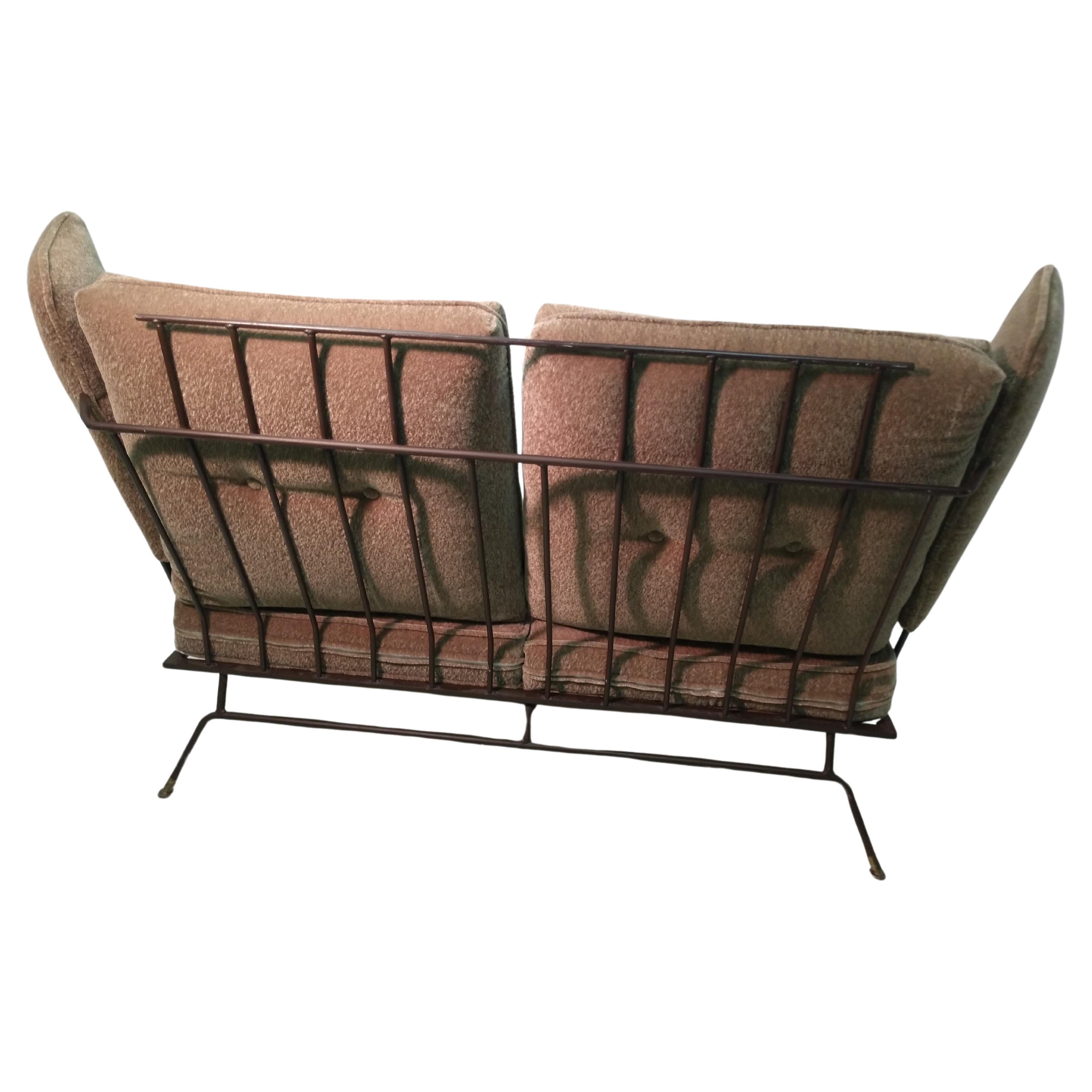 Pair Mid-Century Modern Two Seat Sofa Settees By Max Stout Mohair w Iron Frames  In Good Condition For Sale In Port Jervis, NY