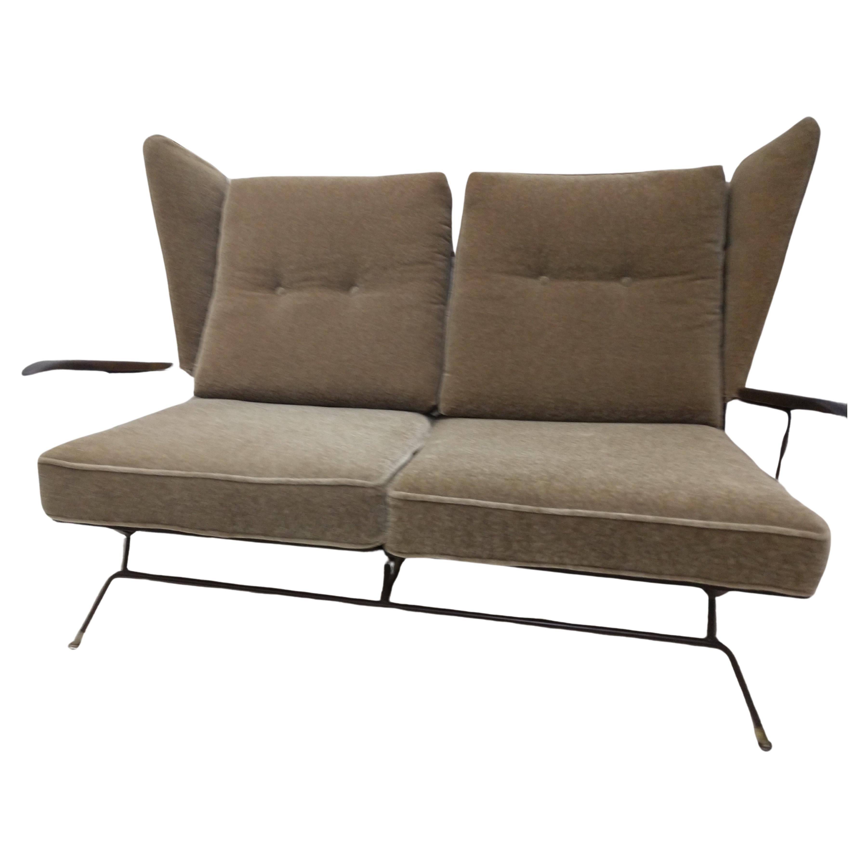 Machine-Made Pair Mid-Century Modern Two Seat Sofa Settees By Max Stout Mohair w Iron Frames  For Sale
