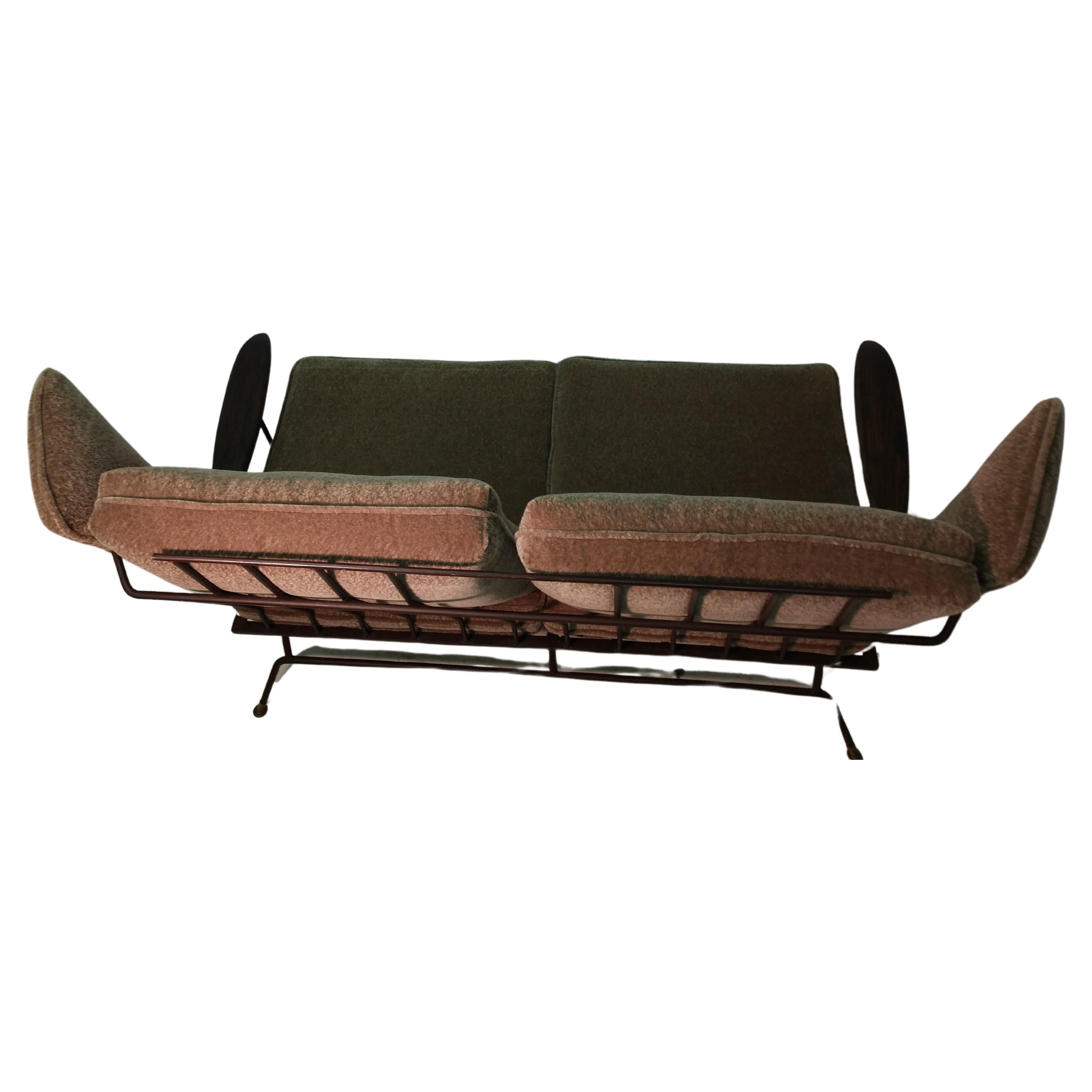 American Pair Mid-Century Modern Two Seat Sofa Settees By Max Stout Mohair w Iron Frames  For Sale