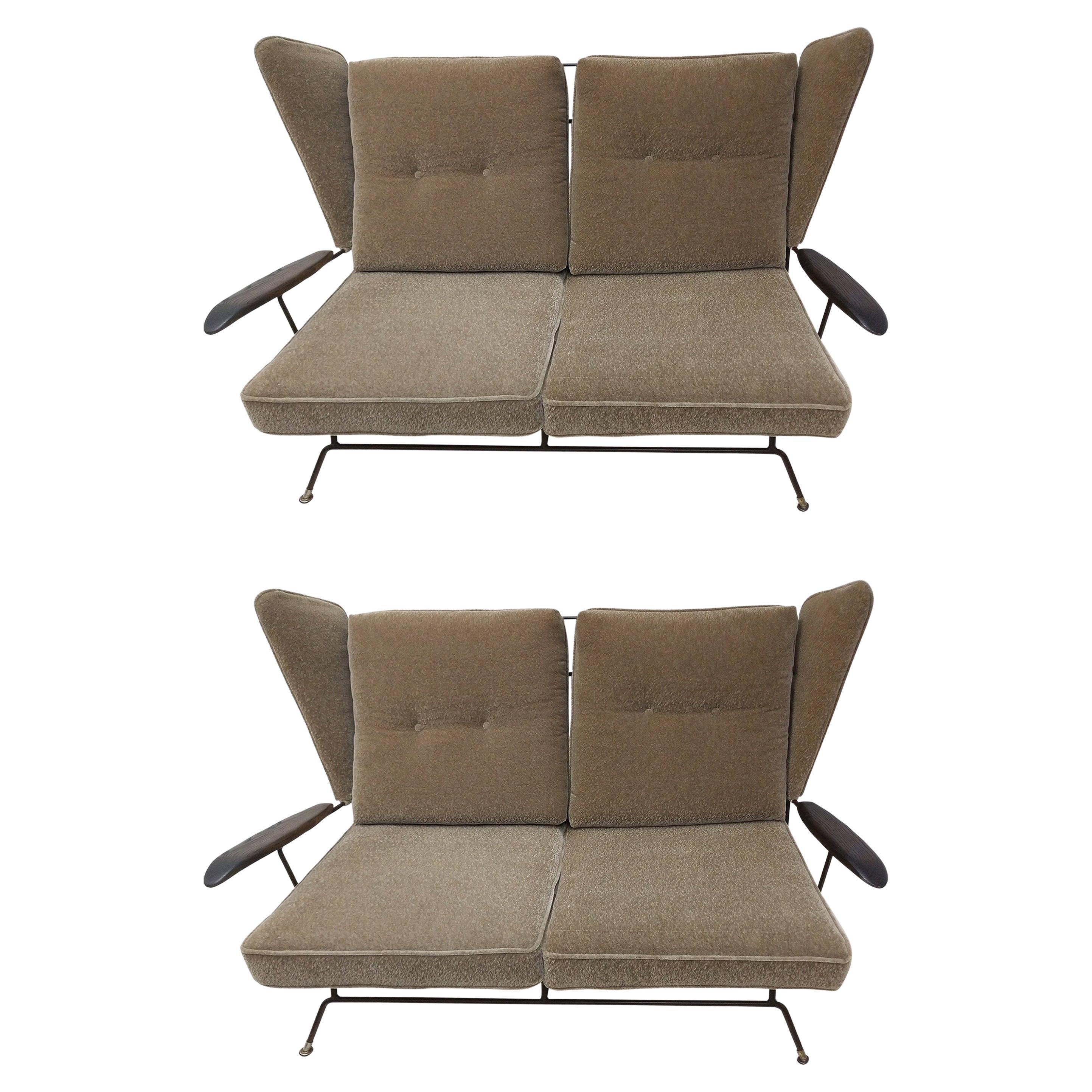 Pair Mid-Century Modern Two Seat Sofa Settees By Max Stout Mohair w Iron Frames  For Sale