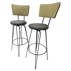 Vintage Set of 3 Mid Century Modern Bar Counter Stools with Hairpin Iron Legs