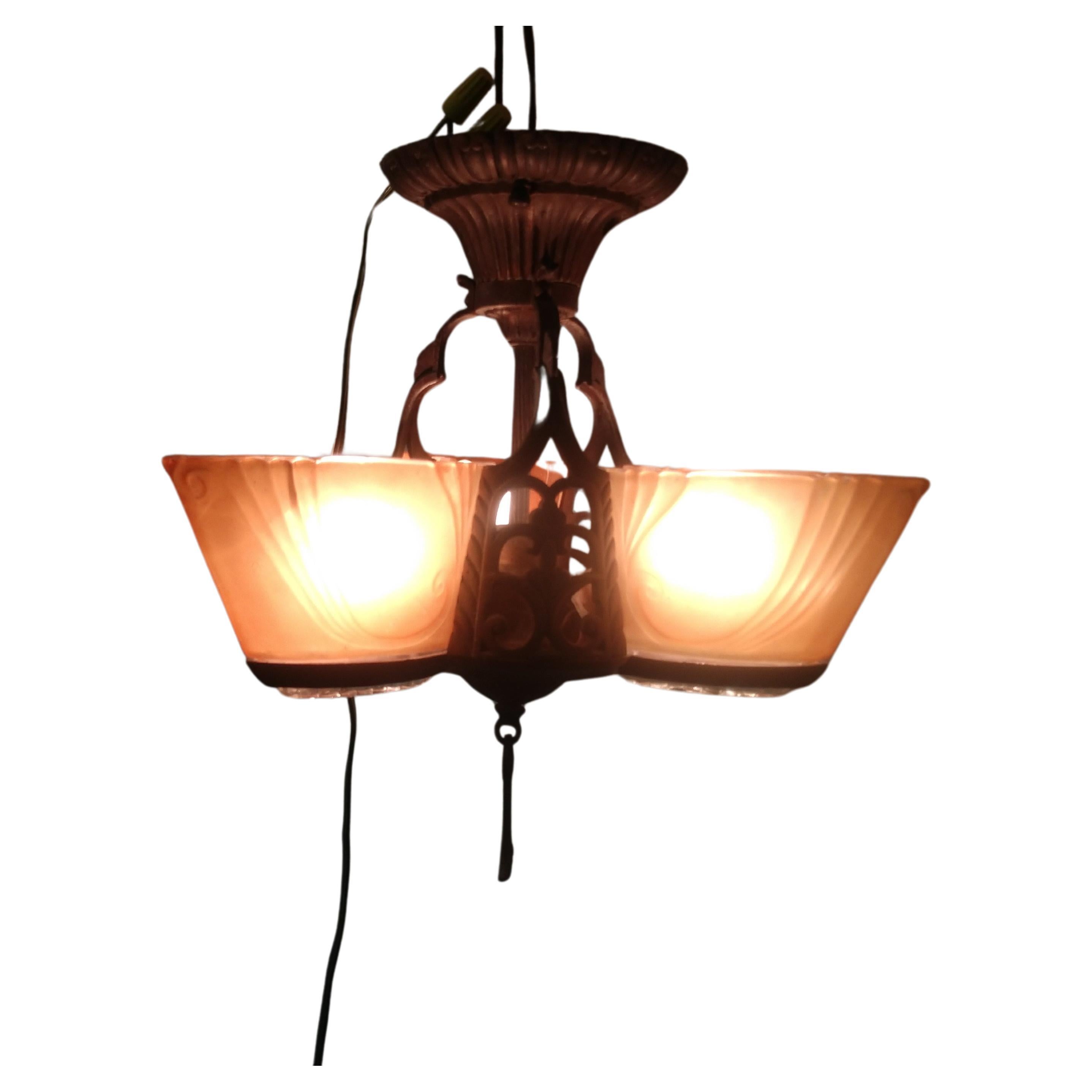Art Deco Three-Light Slip Shade Chandelier, circa 1928 In Good Condition For Sale In Port Jervis, NY