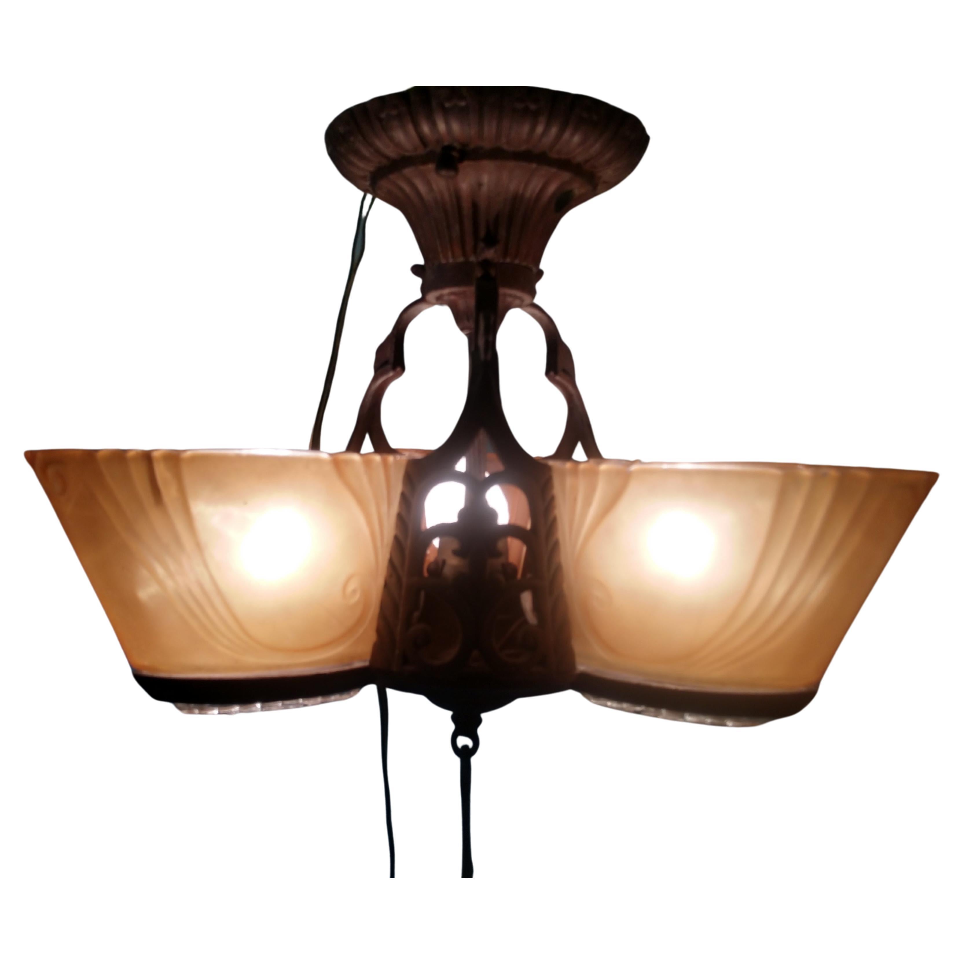 Cast Art Deco Three-Light Slip Shade Chandelier, circa 1928 For Sale