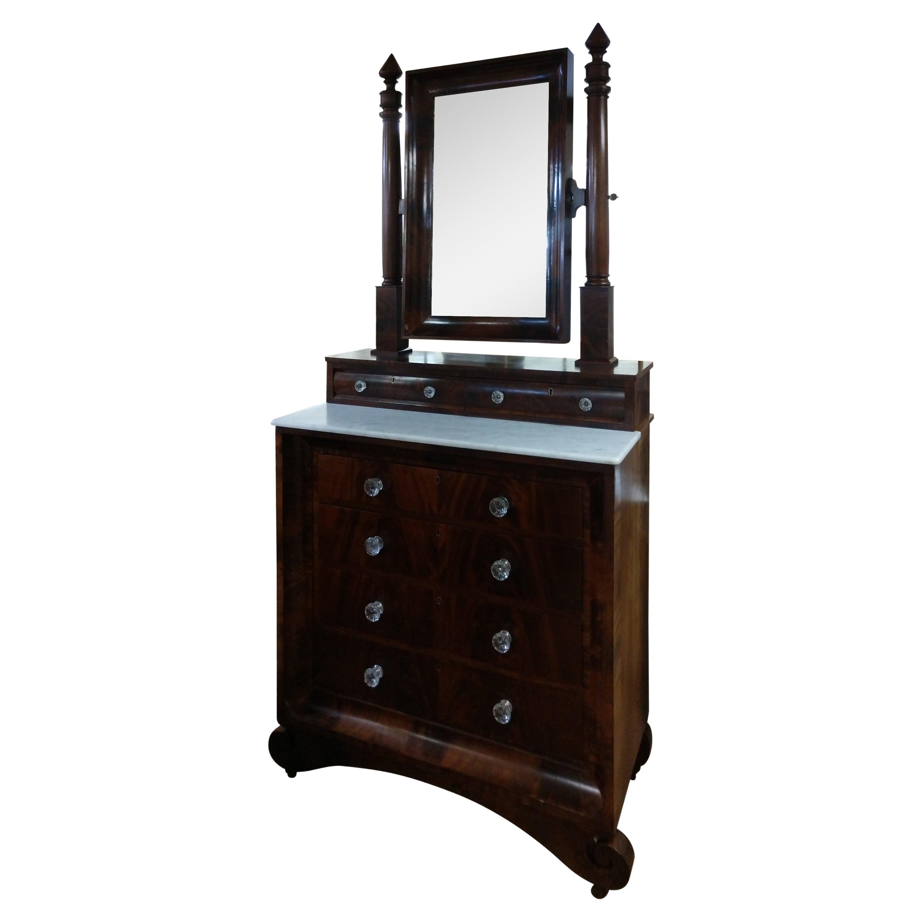 Mid-19th Century Large Empire Dresser with Mirror & Marble Top For Sale
