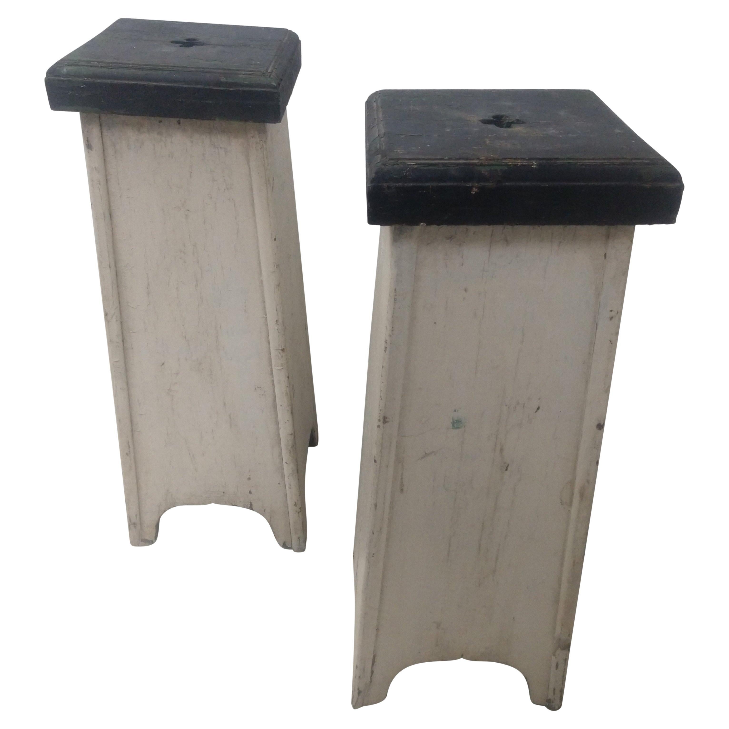 Pair of Tapered C1925 Wooden with Old Paint Plant Stands or Pedestals For Sale