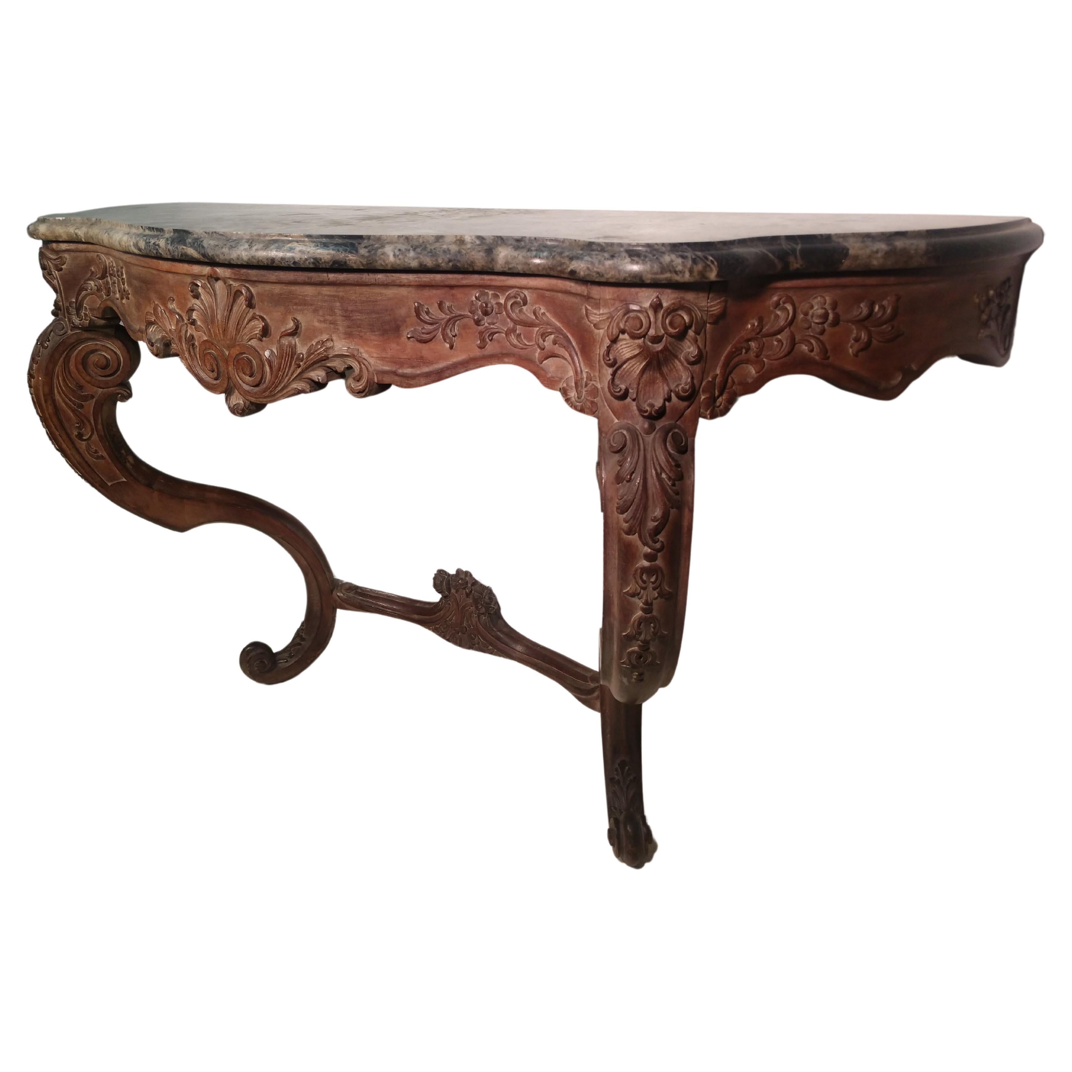 Signed Maison Jansen Rococo Carved Server Console Table w Serpentine Marble Top