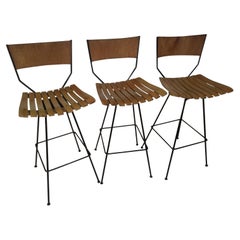 Retro Pair of Mid Century Modern Iron with Maple and Raffia Bar Stools Arthur Umanoff