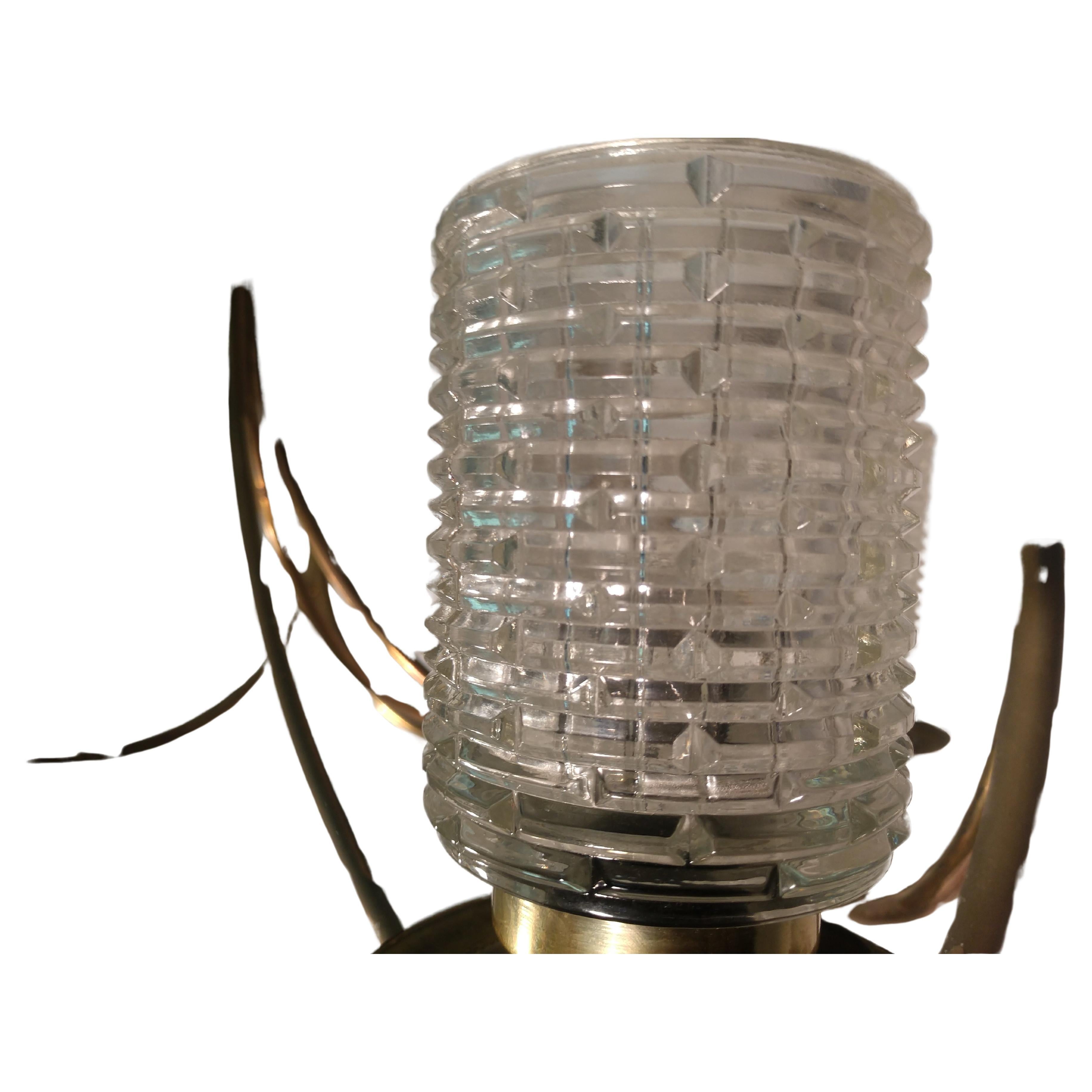 Mid-20th Century Mid-Century Modern Lightolier Brass with Cast Glass Shades Chandelier For Sale