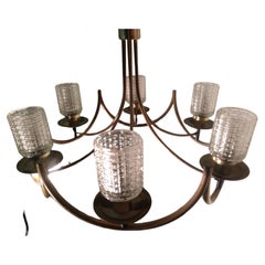 Vintage Mid-Century Modern Lightolier Brass with Cast Glass Shades Chandelier