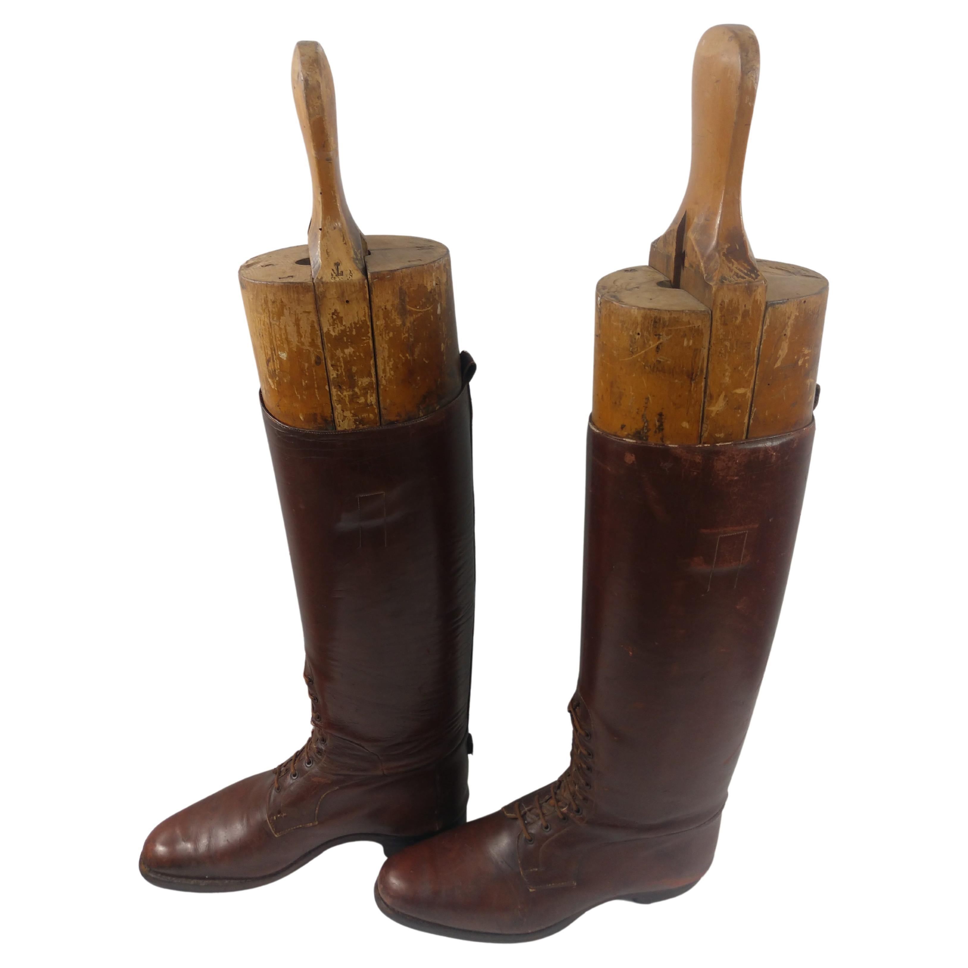 Early 20th Century Men's Leather Riding Boots with Stretchers For Sale