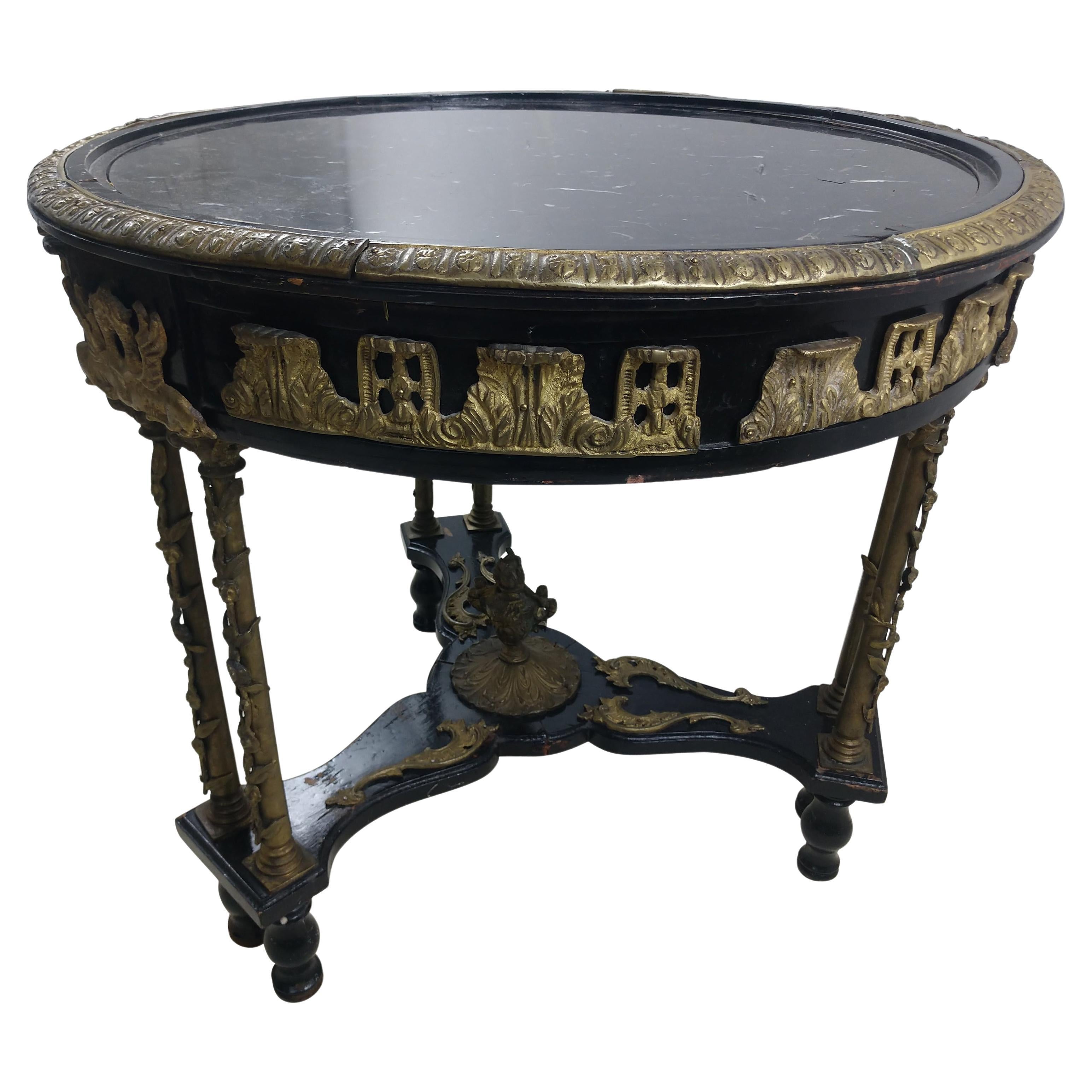 Aesthetic Bronze Marble and Black Lacquer Side End Table, circa 1940