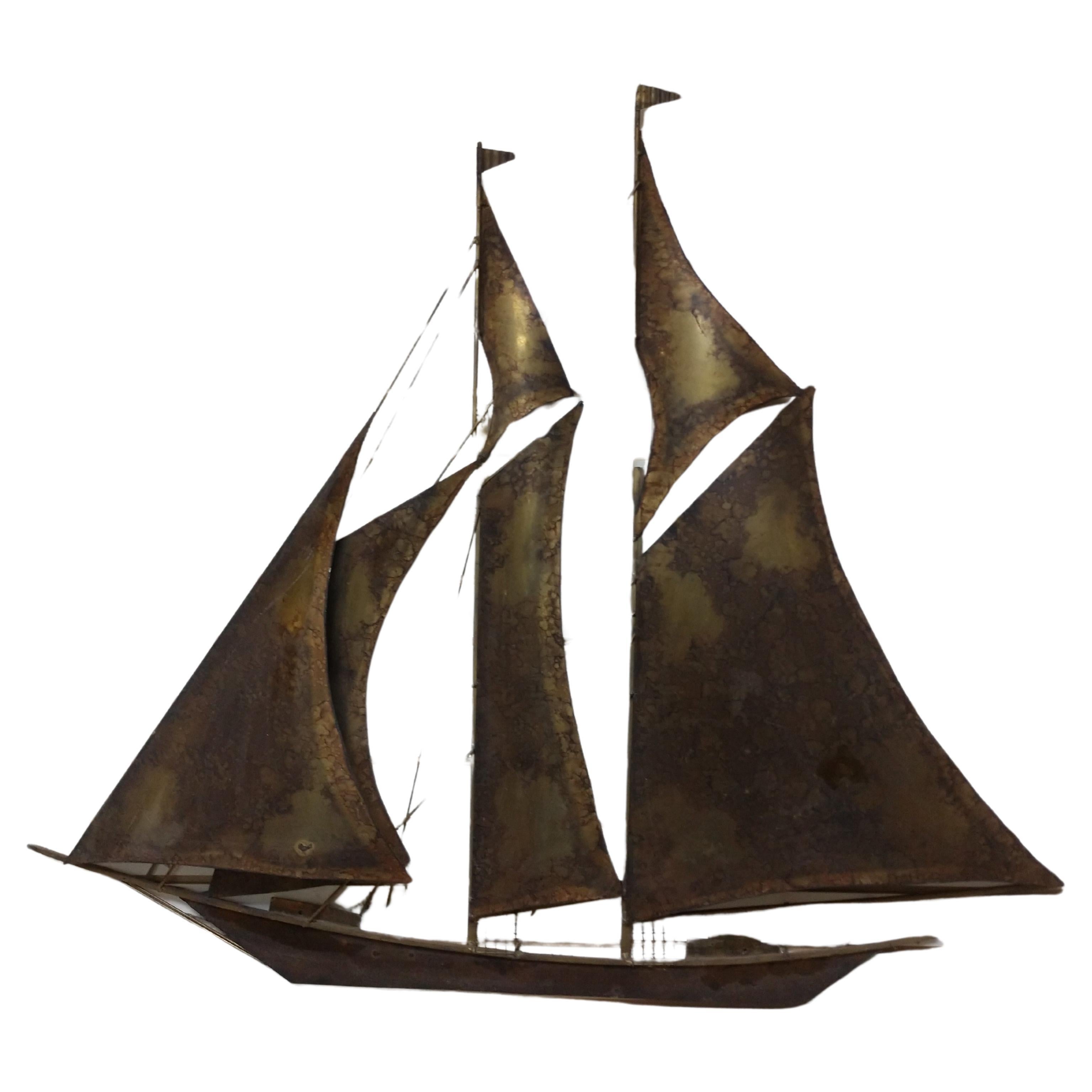 Mid-Century Modern Large Brass Brutalist Tall Ship Style of Curtis Jere For Sale