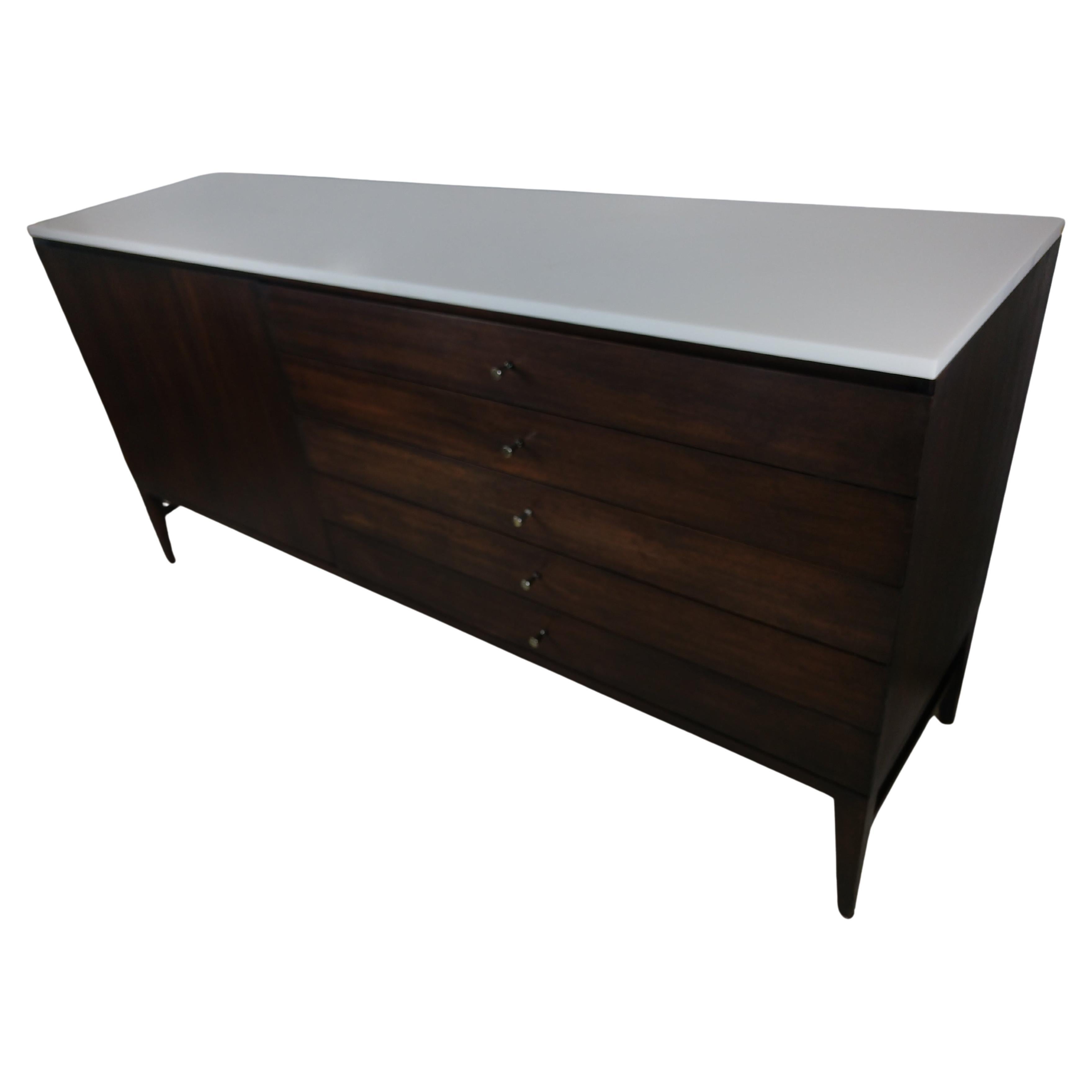 American Mid-Century Modern Mahogany w Glass Dresser Credenza by Paul McCobb for Calvin  For Sale