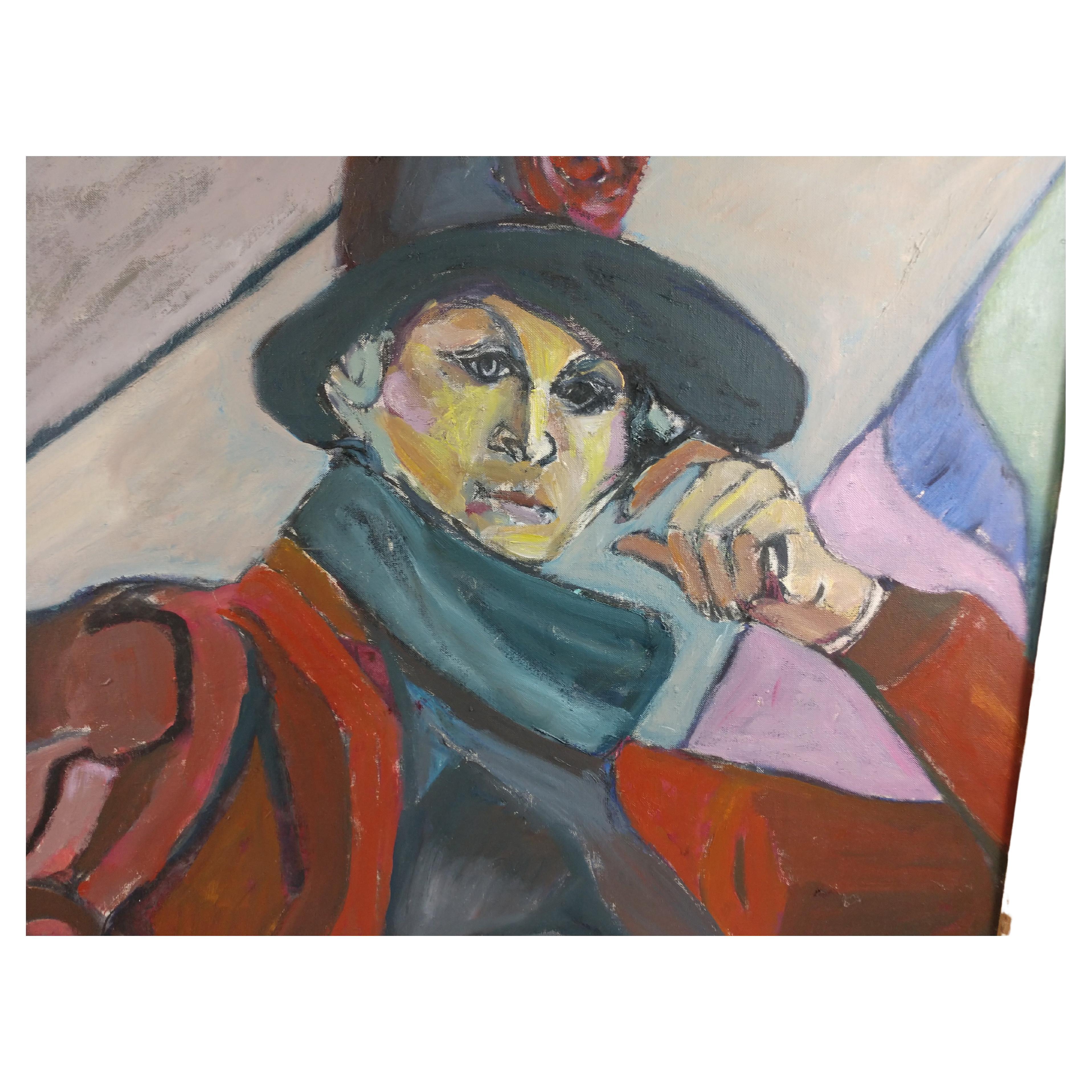 Colorful and impressionist depiction of a woman with hat and scarf. A friend of the artist in Paris. Unframed.