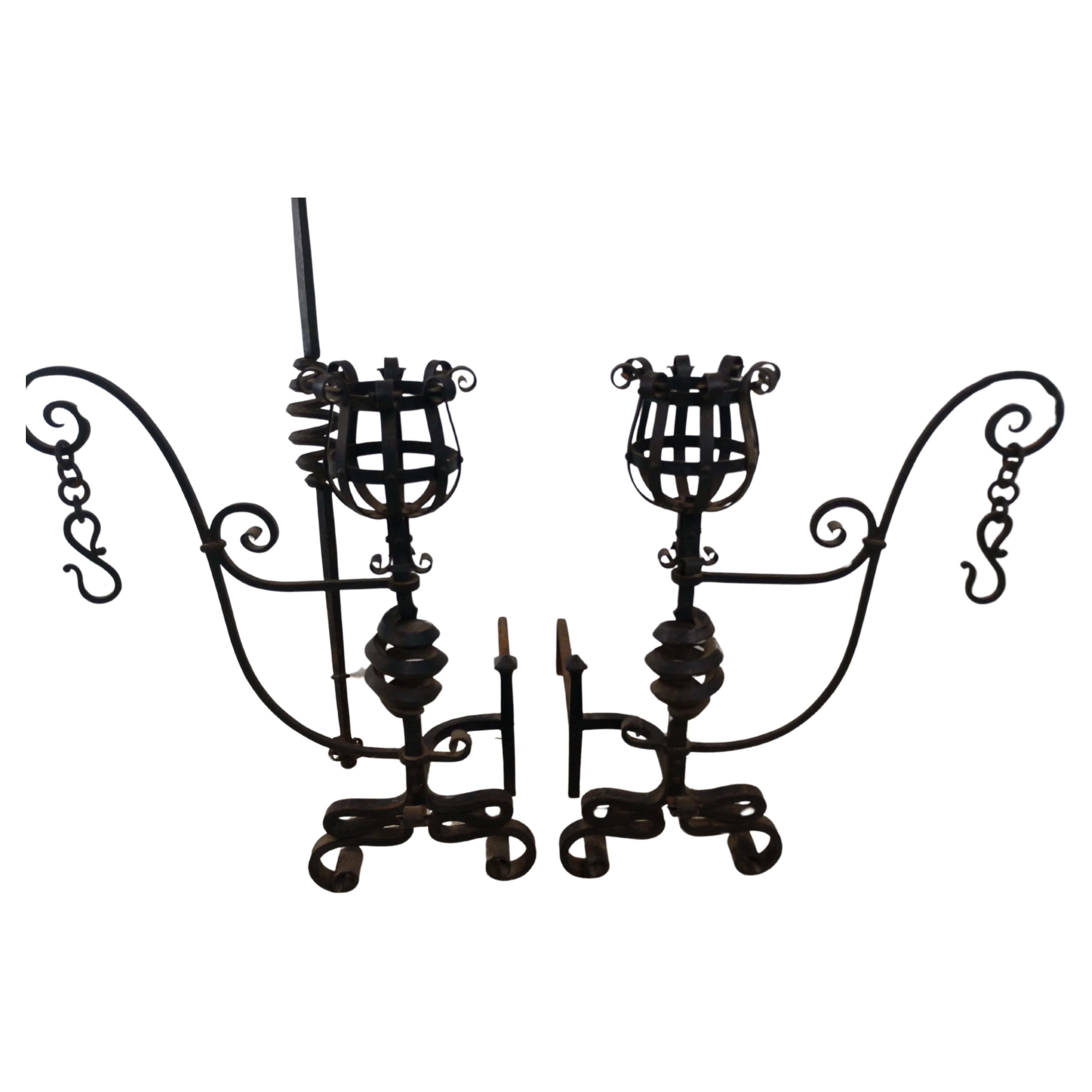 Large Pair Hand Forged Iron Spanish Colonial Mission Arts & Crafts  Andirons In Good Condition For Sale In Port Jervis, NY