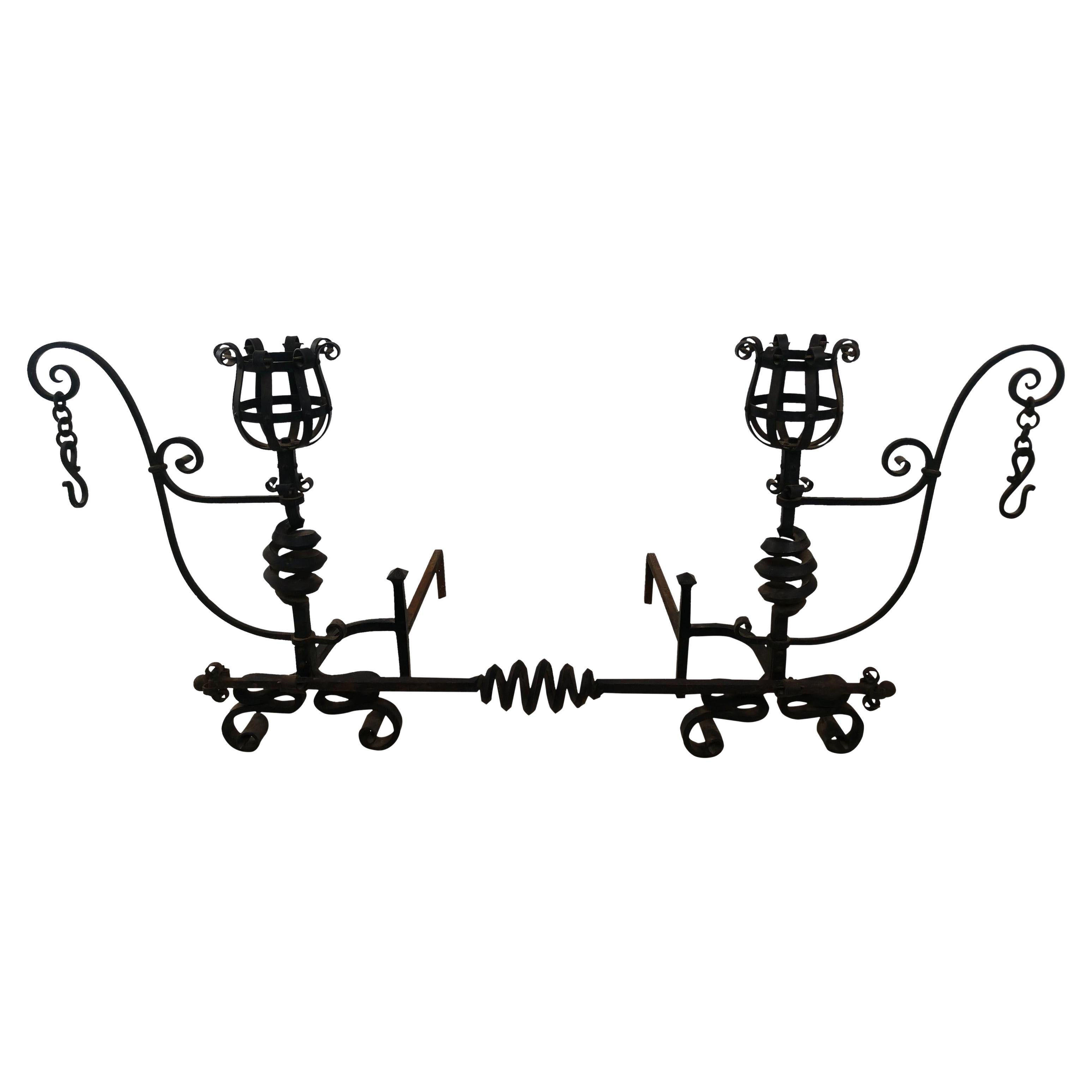 Hand-Crafted Large Pair Hand Forged Iron Spanish Colonial Mission Arts & Crafts  Andirons For Sale