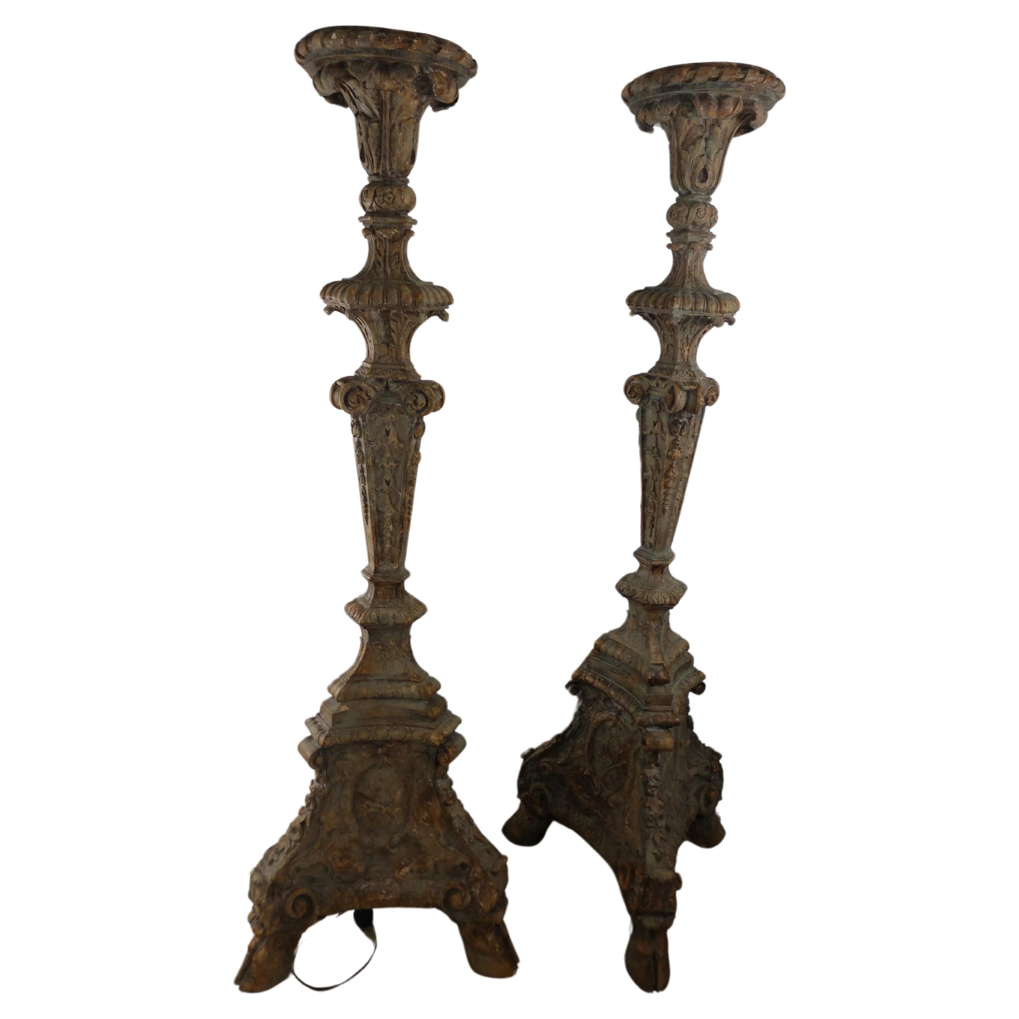 Hand-Painted Pair of Monumental 20th Century Gilt Prickett Floor Lamps For Sale