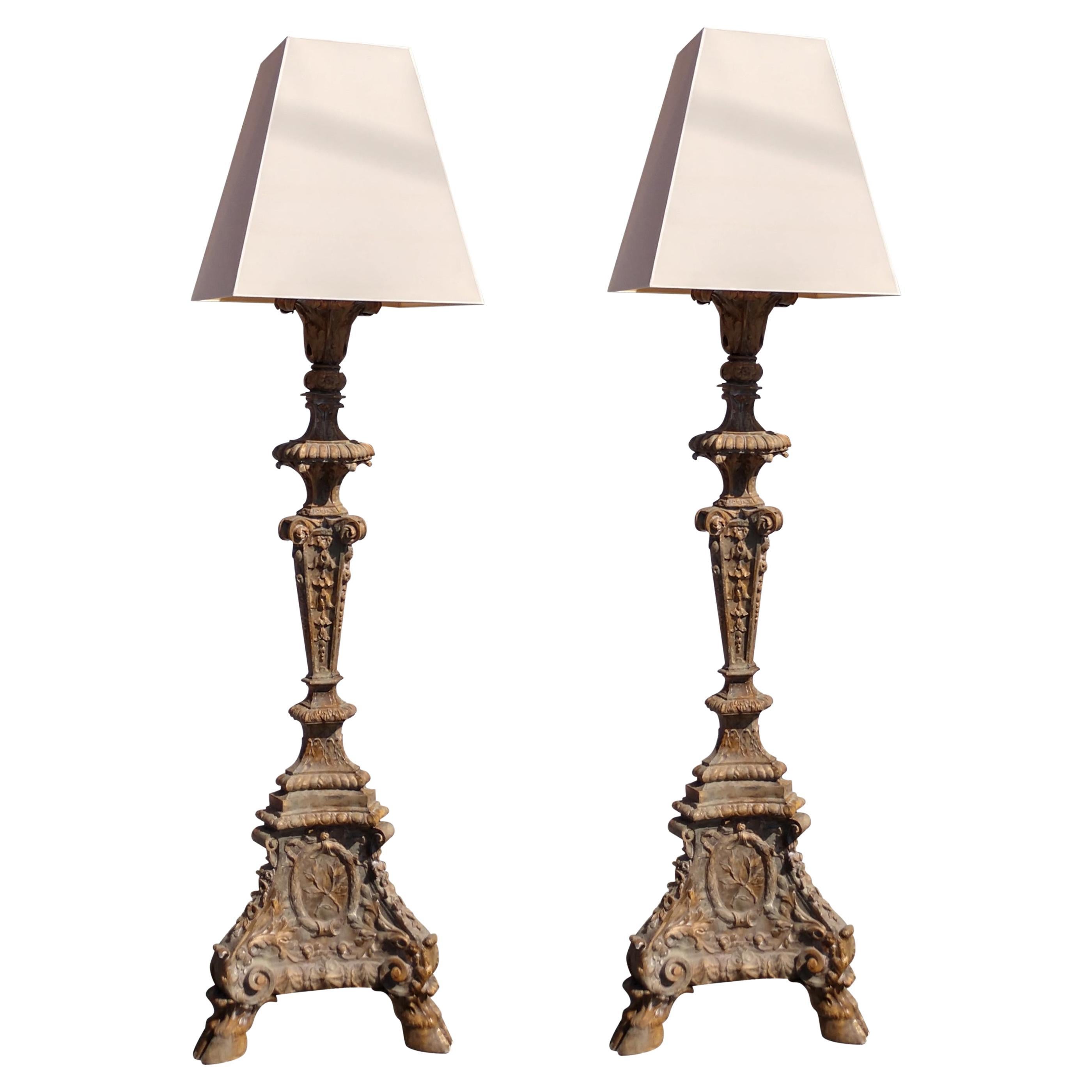 Pair of Monumental 20th Century Gilt Prickett Floor Lamps For Sale