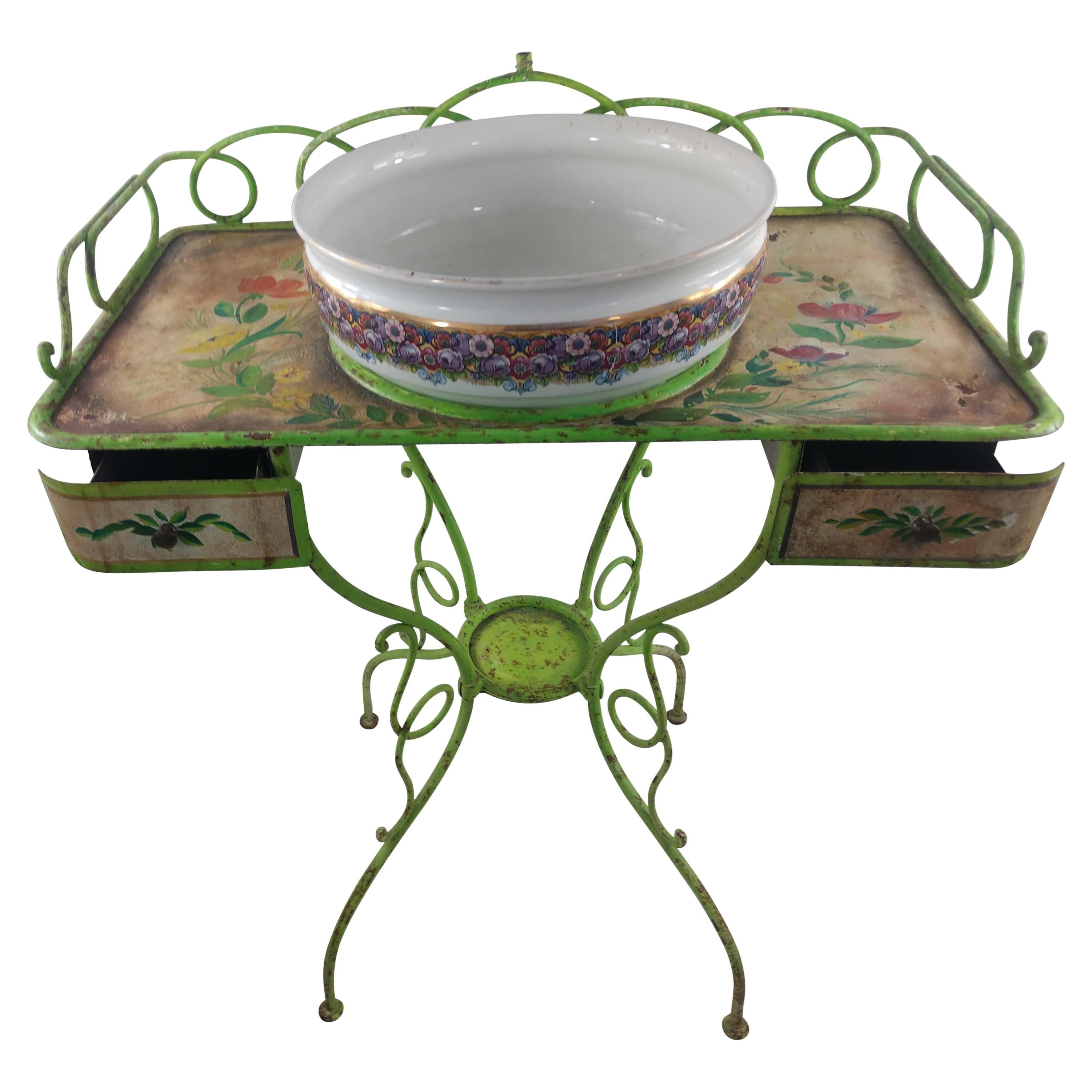 Hand Painted Tole French Washstand with Basin