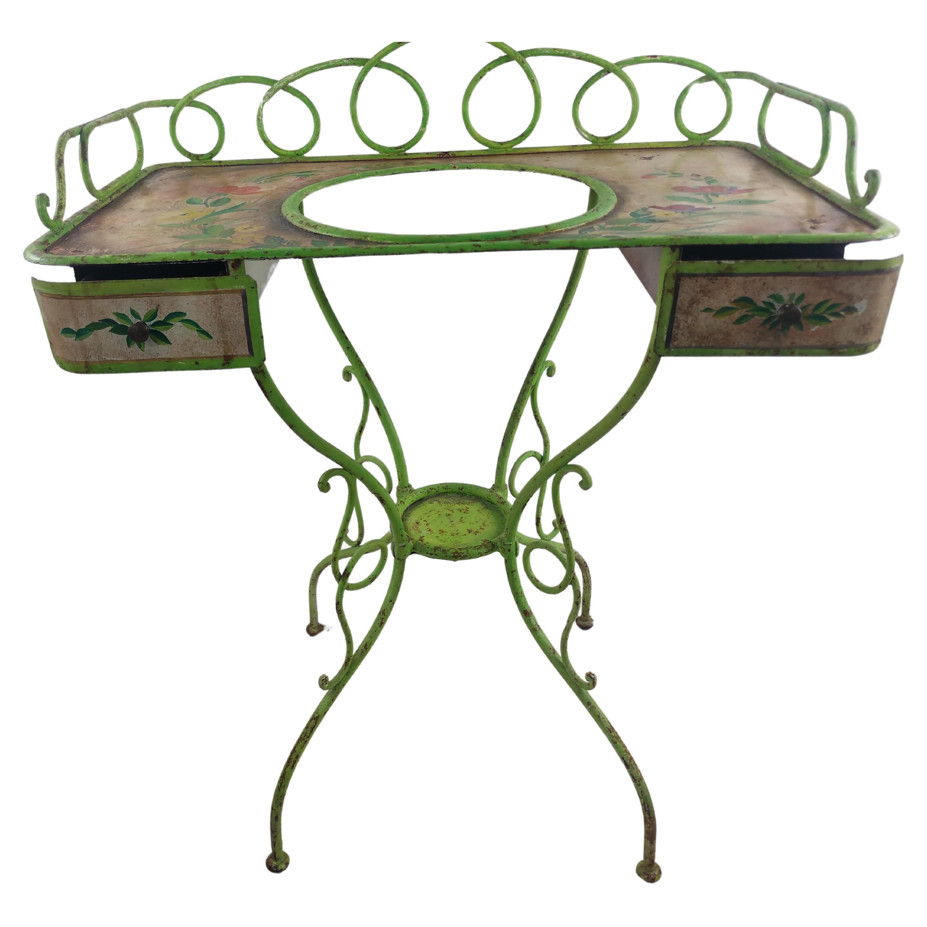 Fabulous hand painted Toleware French iron Washstand with French faience wash basin. Years of wear on this beauty, with a spectacular green.