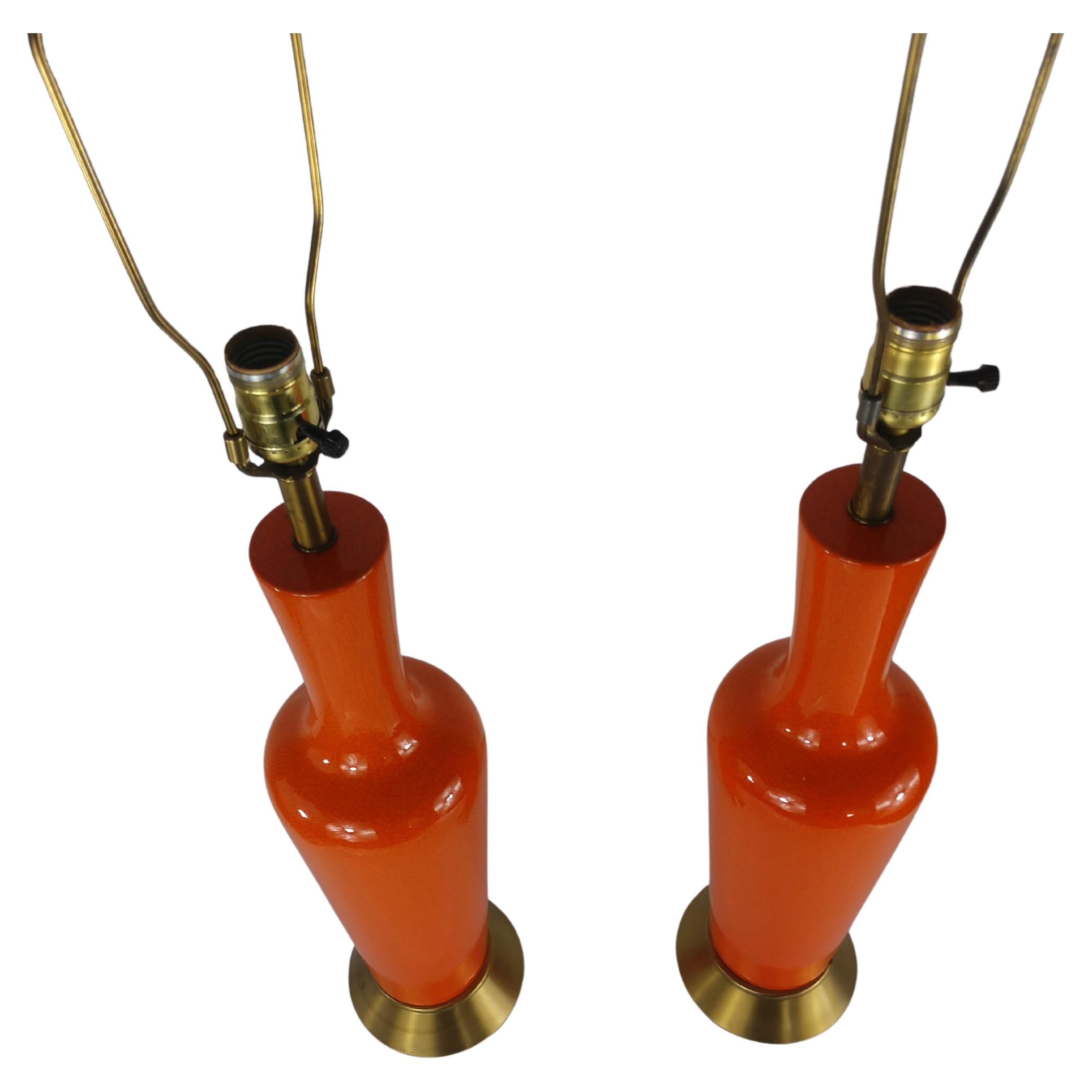Pair of Mid-Century Modern Table Lamps with Orange Crackle Glaze, C1958 In Good Condition For Sale In Port Jervis, NY
