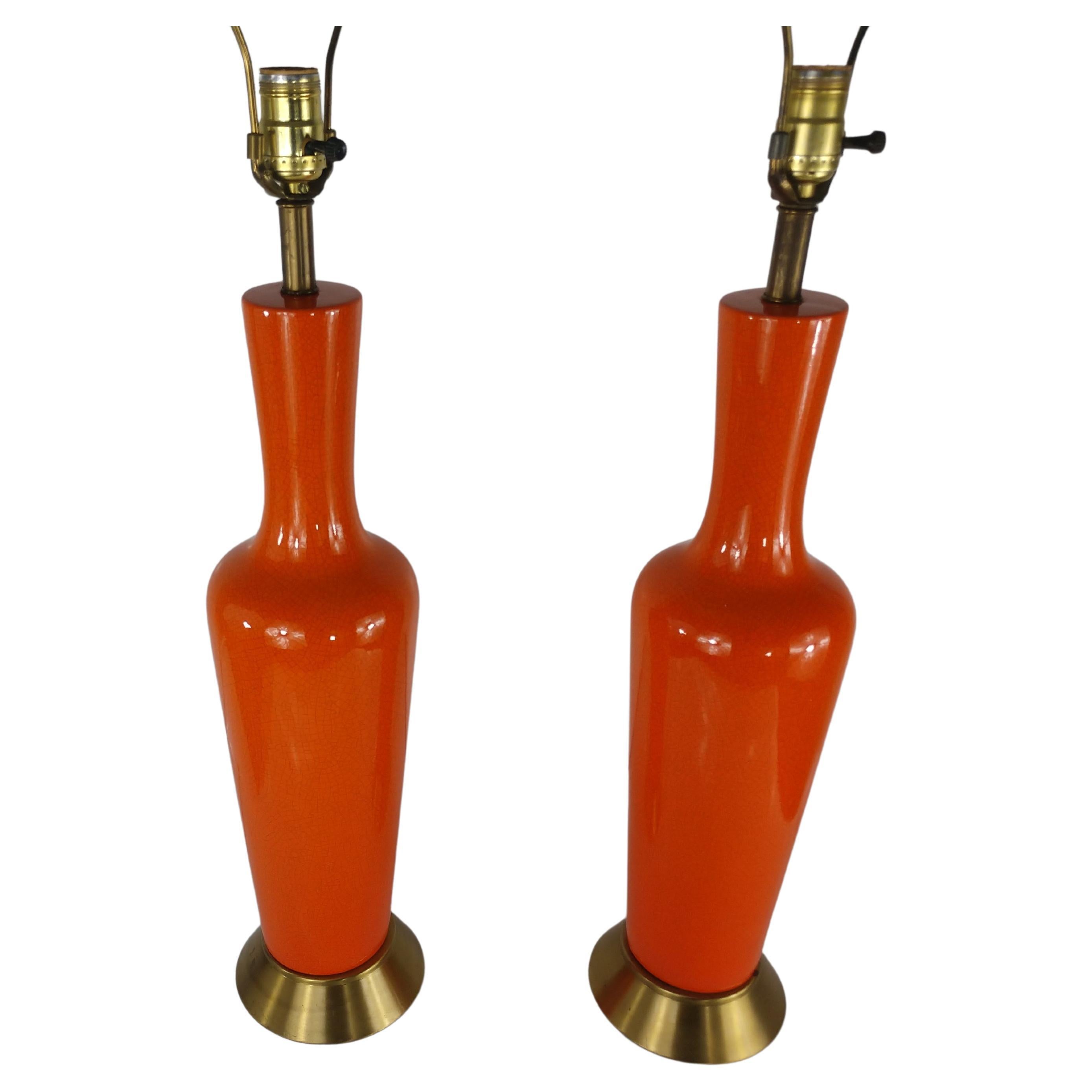 Glazed Pair of Mid-Century Modern Table Lamps with Orange Crackle Glaze, C1958 For Sale