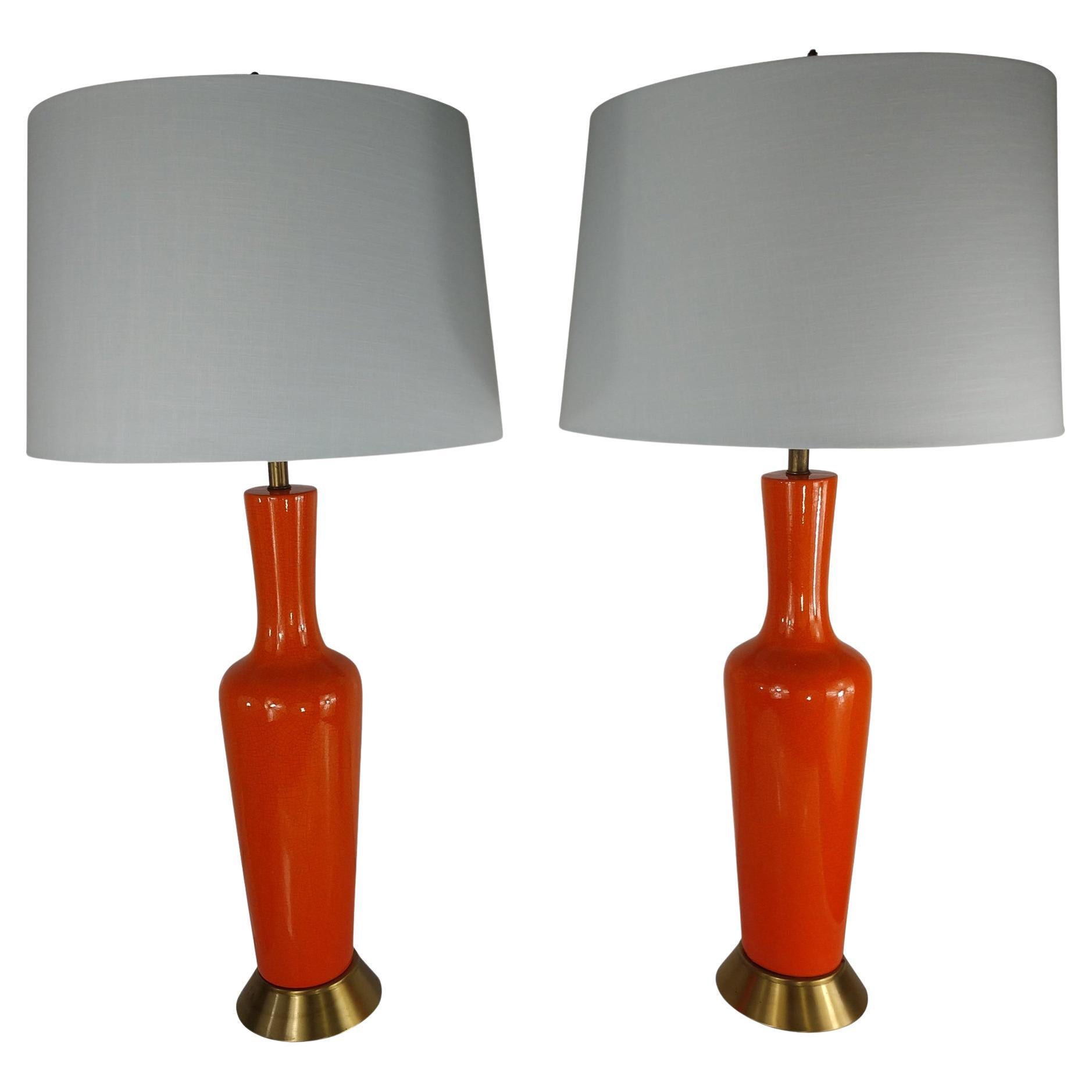 Pair of Mid-Century Modern Table Lamps with Orange Crackle Glaze, C1958 For Sale