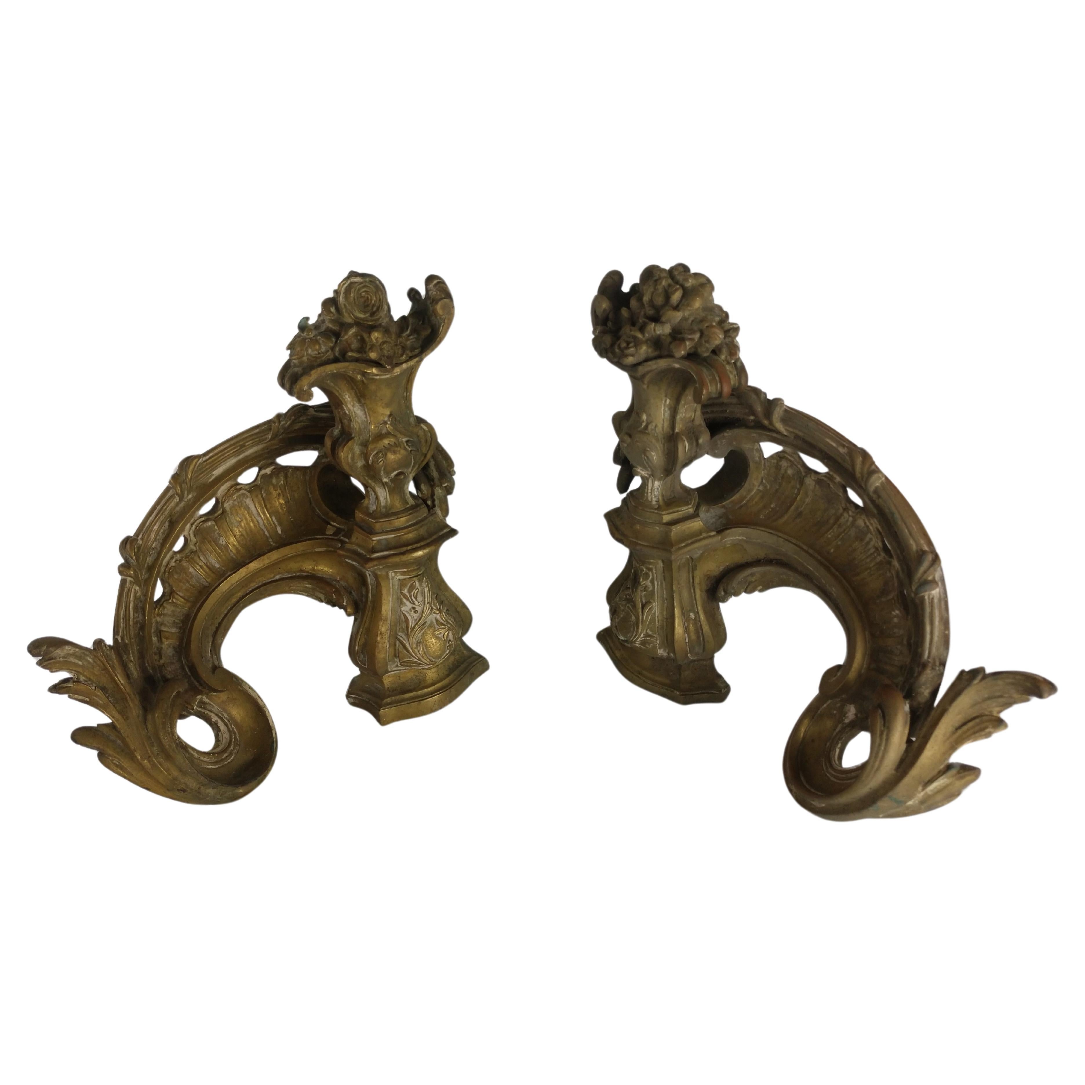 Cast Pair of Antique Bronze French Chenets, c1880 For Sale