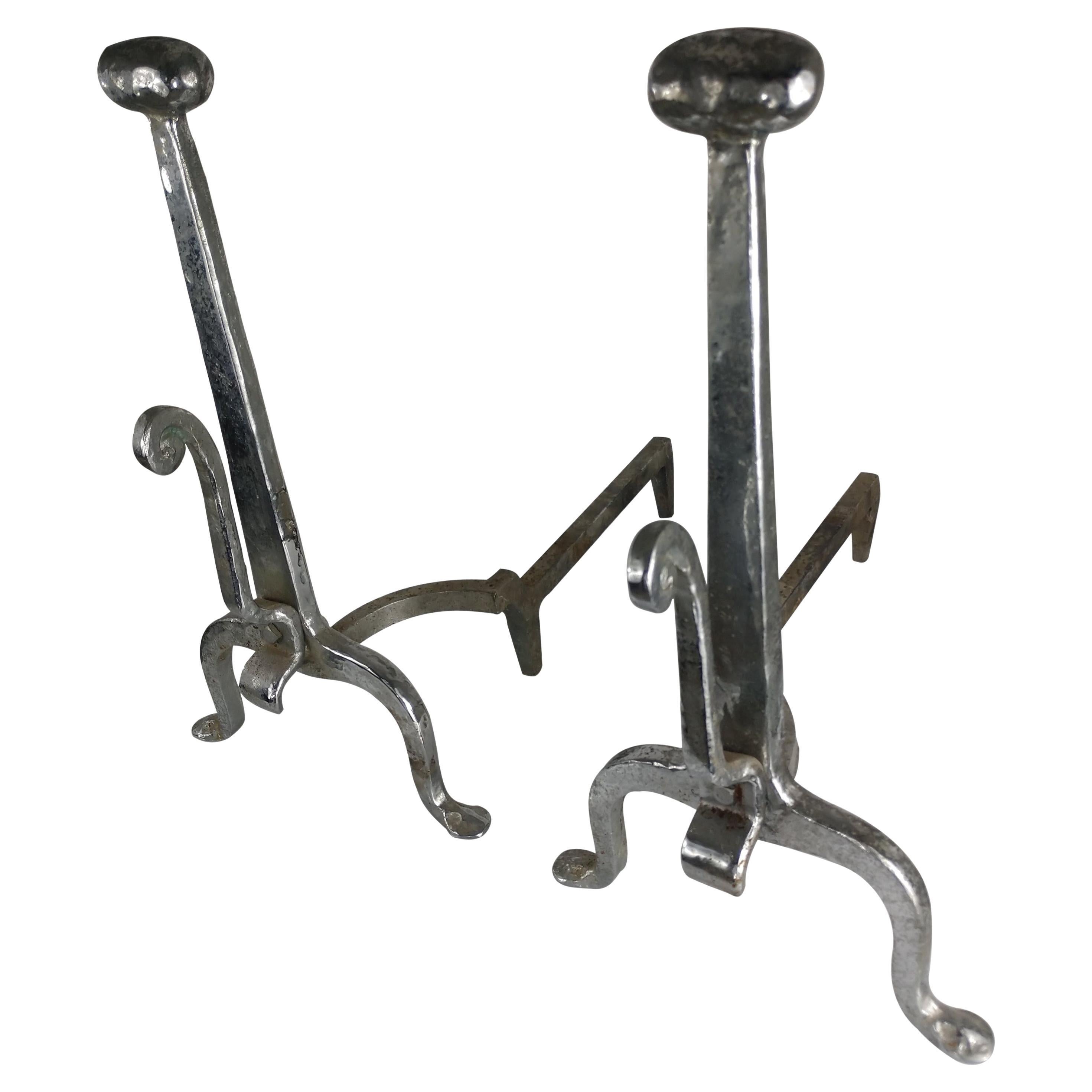 Pair of Arts & Crafts Modern Chrome Andirons For Sale