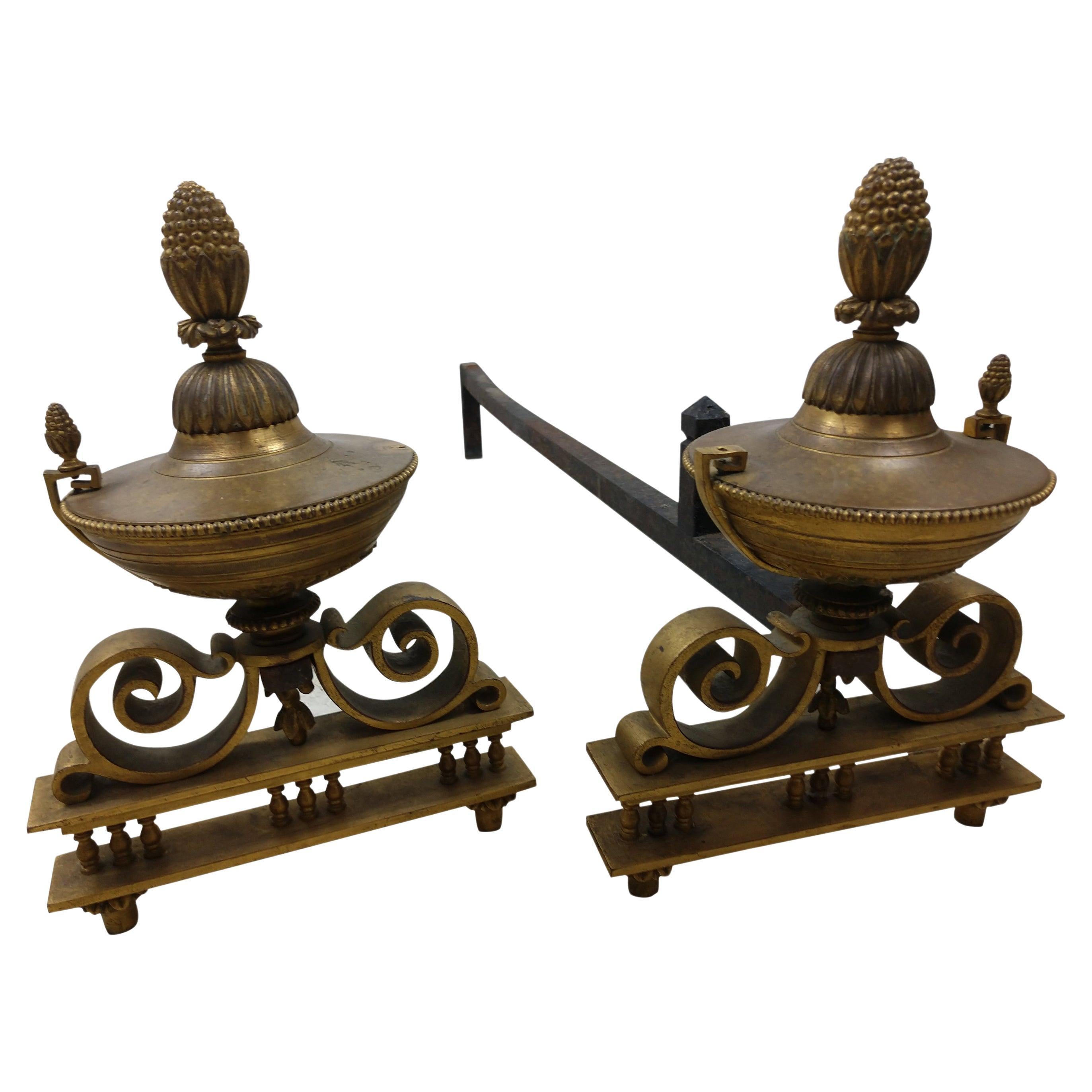 Neoclassical Pair of Antique Bronze Urn Form Fireplace Andirons For Sale