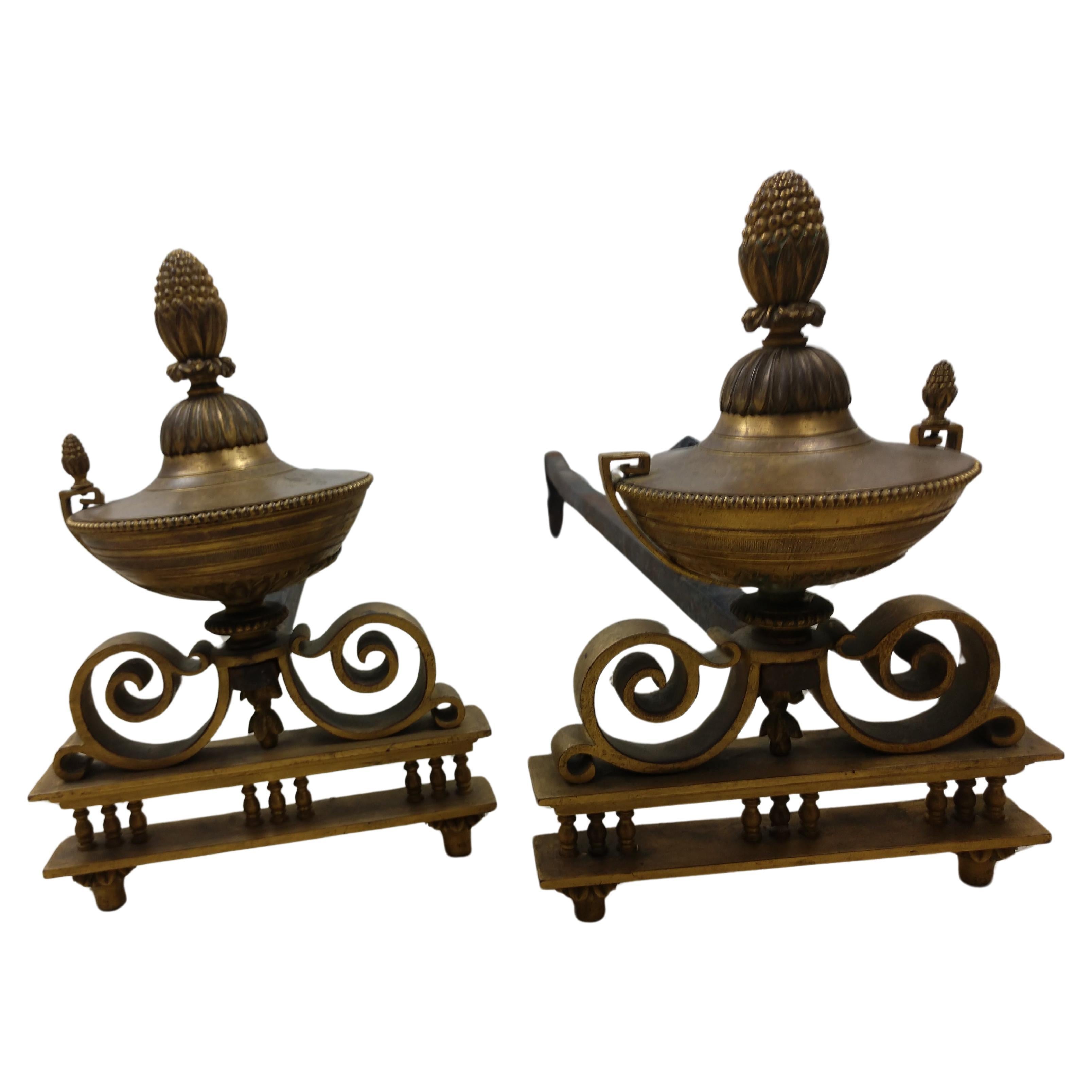 Pair of Antique Bronze Urn Form Fireplace Andirons For Sale
