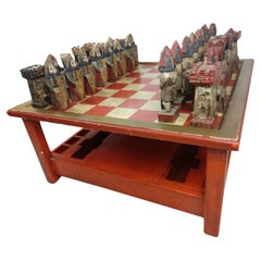 Mid-Century Modern Chess Cocktail Table with Hand Carved Polychrome Figures 1965