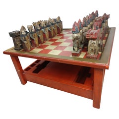 Retro Mid-Century Modern Chess Cocktail Table with Hand Carved Polychrome Figures 1965