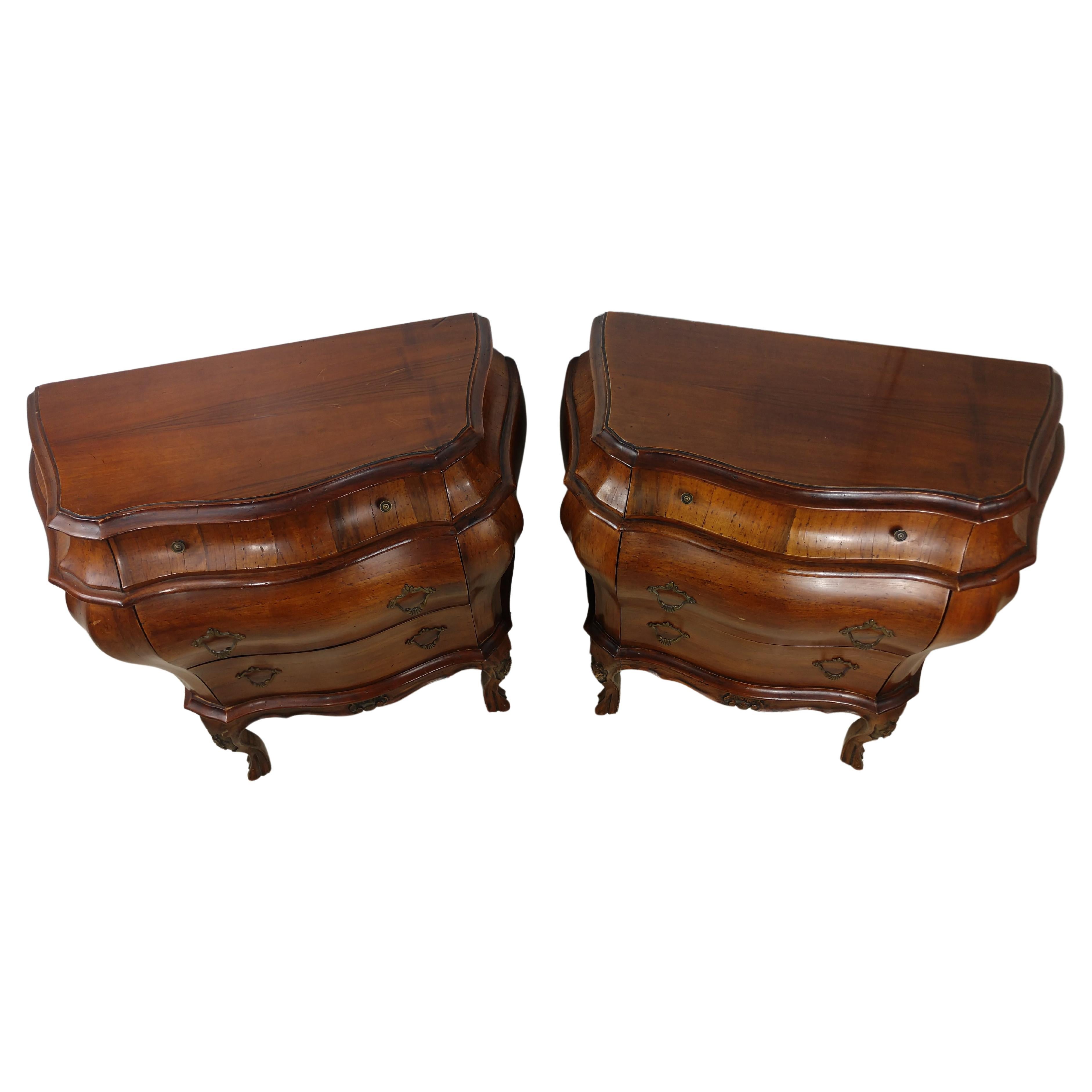 Rococo Pair of Italian 3 Drawer Hand Crafted Bombe Commodes Night Tables, C1955 For Sale