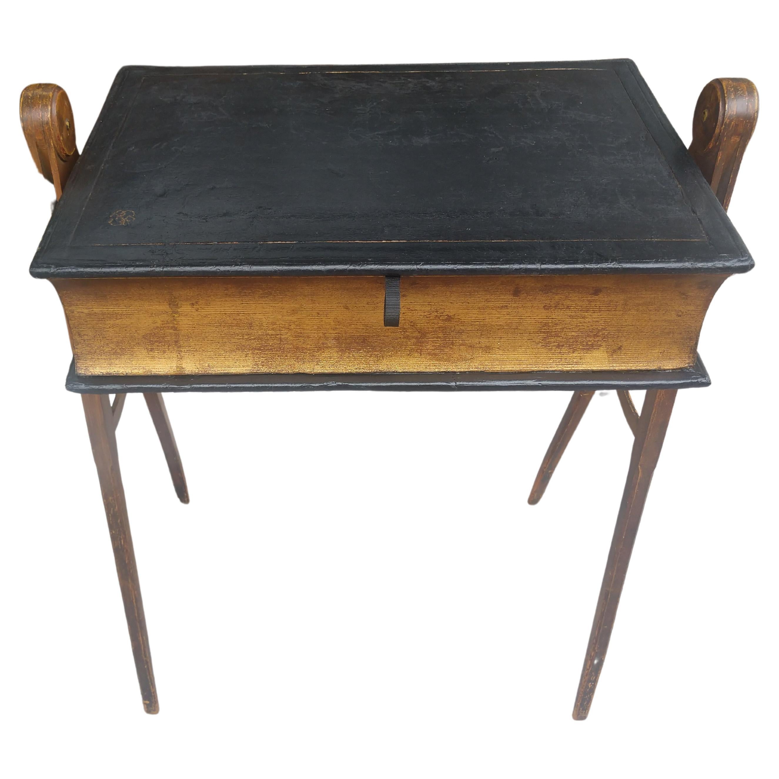 Hand-Carved 19th Century Masonic Table with Leather Bible Compartment Flip Lid Compass Legs For Sale
