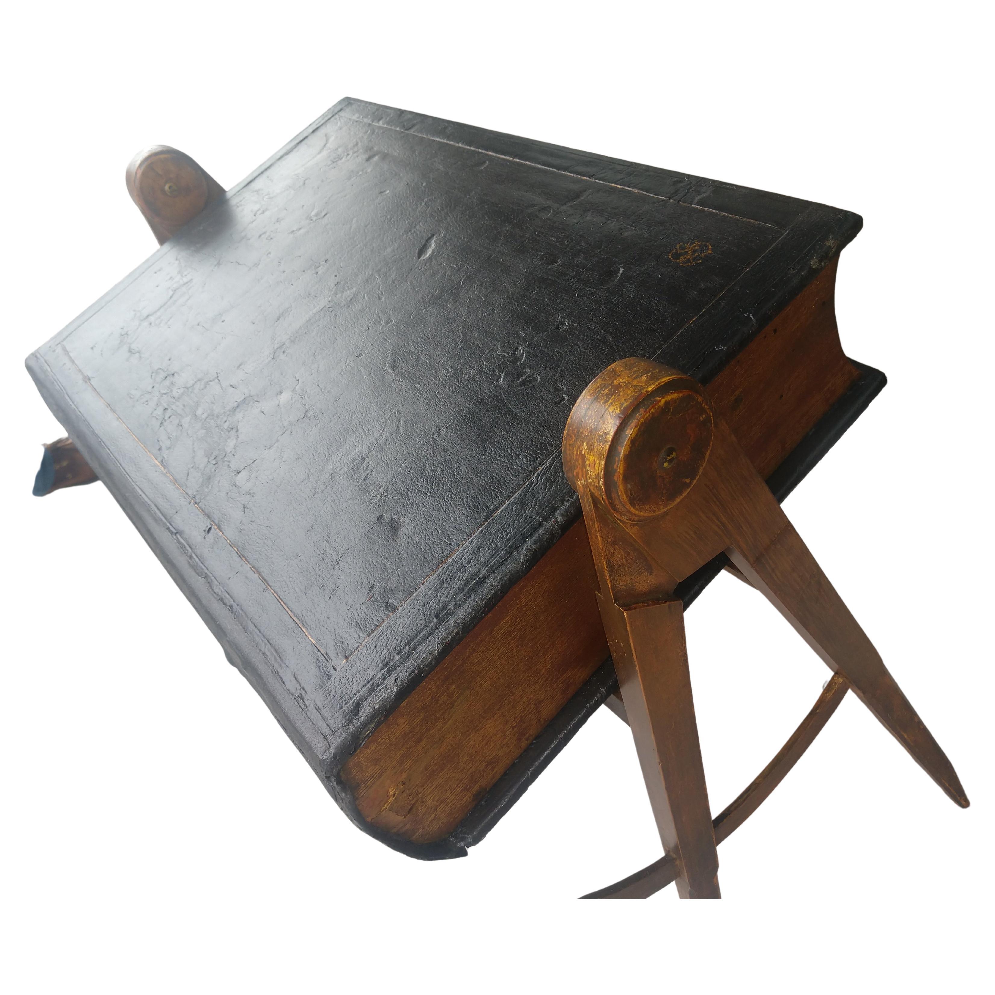 Folk Art 19th Century Masonic Table with Leather Bible Compartment Flip Lid Compass Legs For Sale