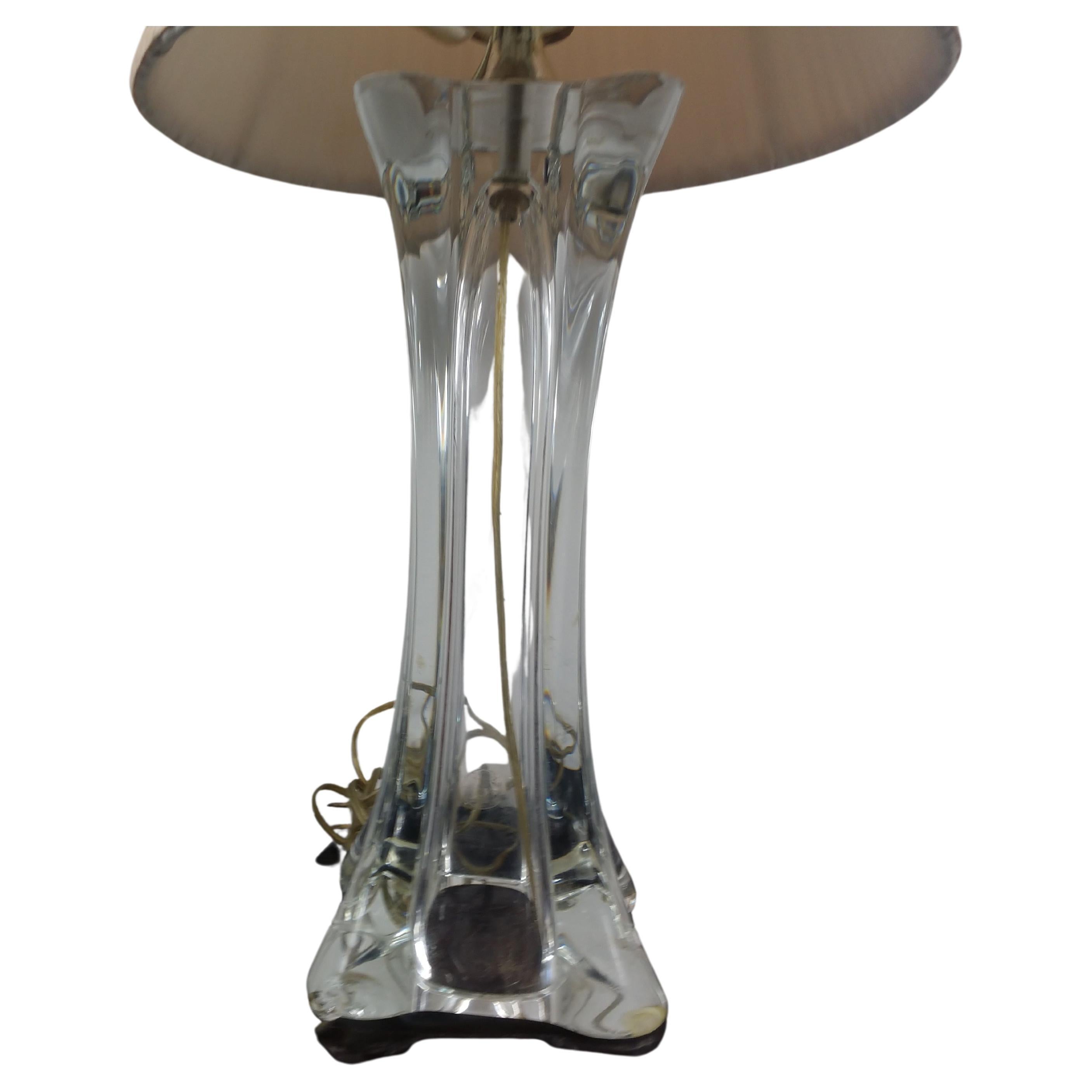 Simple and elegant clear glass column table lamps marked made in France. Solid and with a pair of candlabra sockets make these perfect for a bedside lamp. 29.75 to the top of the shade, which are not included.
