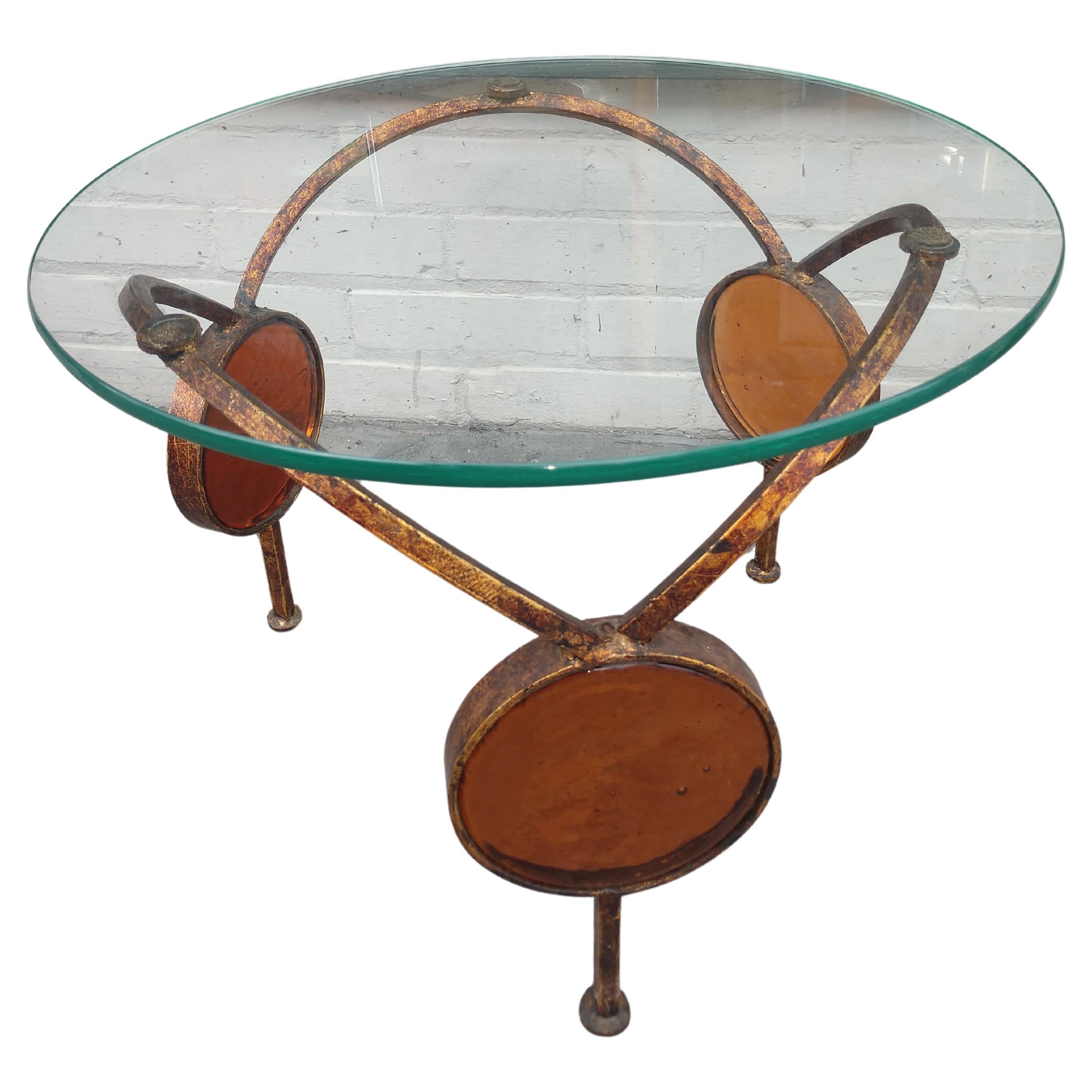 French Pair Mid Century Modern Sculptural Gilt Iron End Tables with Amber Glass Discs For Sale