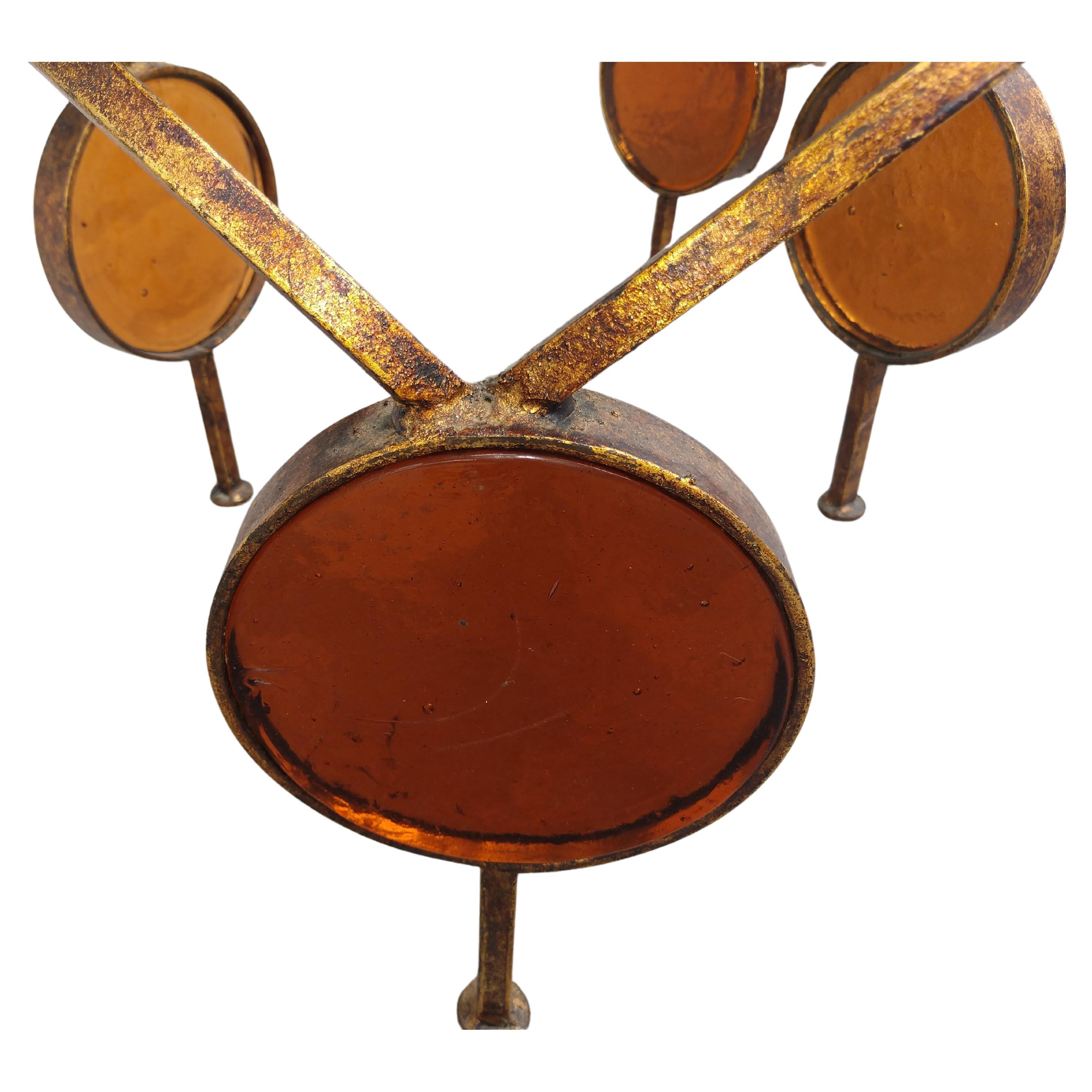 Mid-Century Modern Pair Mid Century Modern Sculptural Gilt Iron End Tables with Amber Glass Discs For Sale
