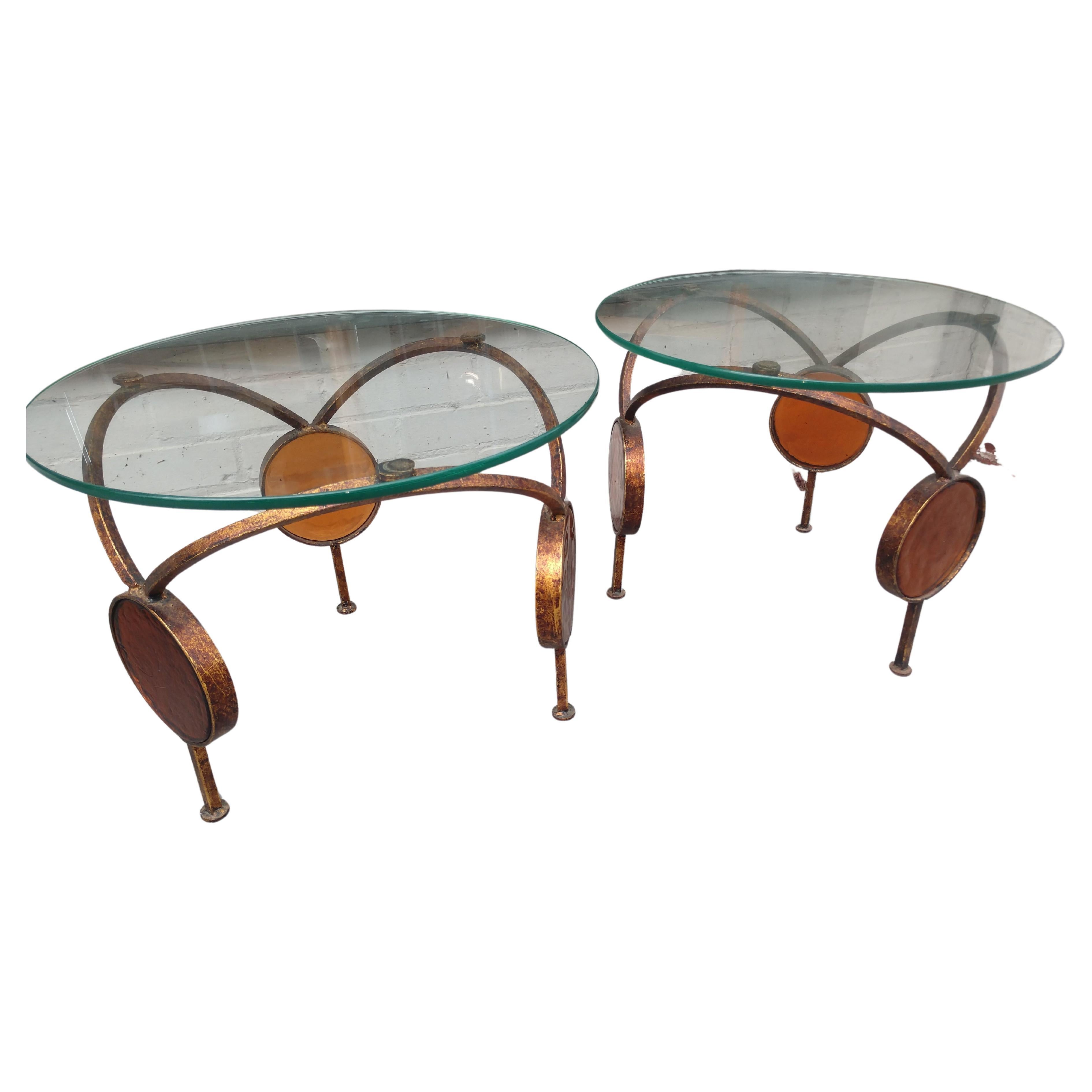 Pair Mid Century Modern Sculptural Gilt Iron End Tables with Amber Glass Discs For Sale