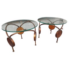 Pair Mid Century Modern Sculptural Gilt Iron End Tables with Amber Glass Discs
