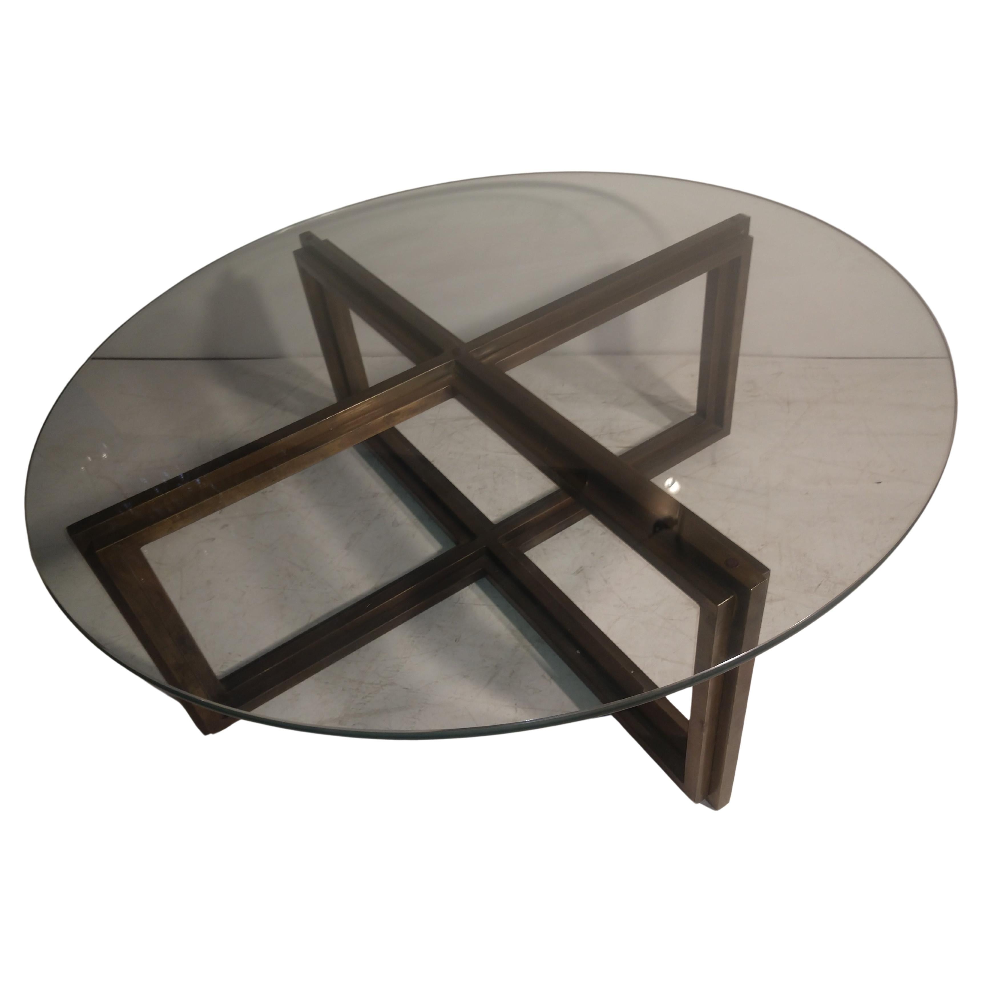 Mid-Century Modern Bronze Architectural Base with Round Dimensional Glass Top For Sale