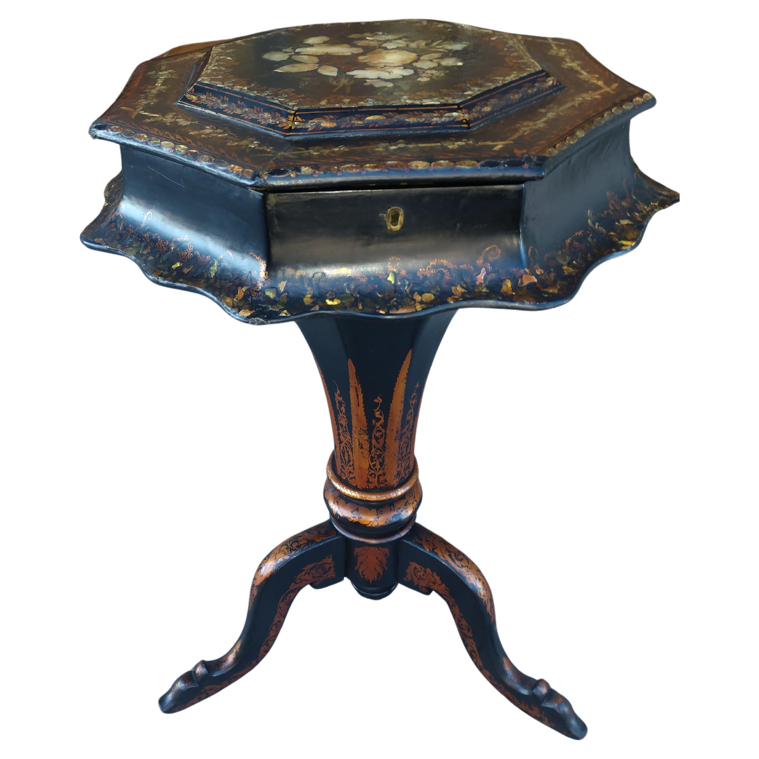 Victorian Paper Mache Black Laquer Sewing Stand Mother of Pearl and Stenciling