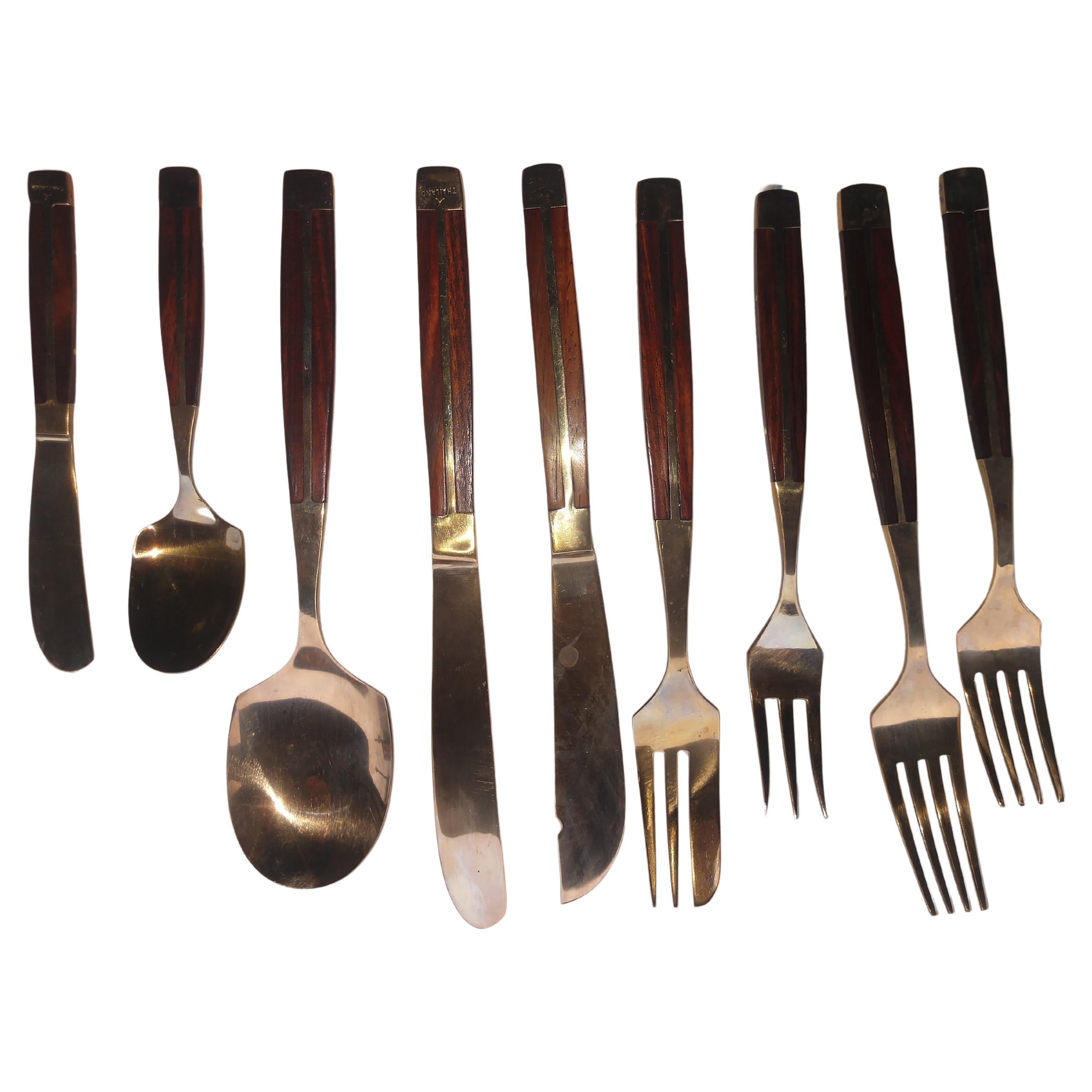 Mid-Century Modern 91 Piece Rosewood & Bronze Flatware Set by Jean Claude w Case