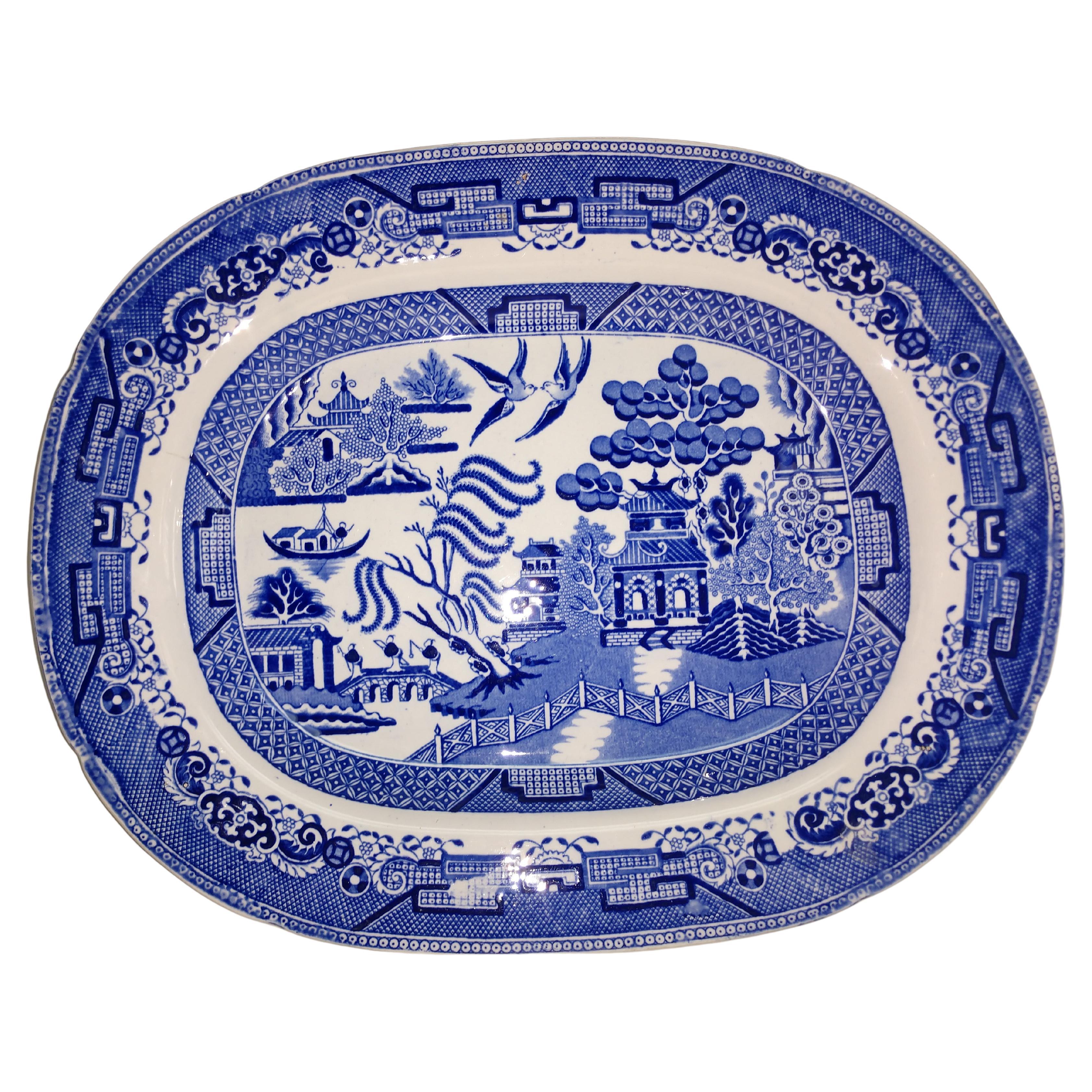 Large Late 19th Century English Blue Willow Deep Platter For Sale