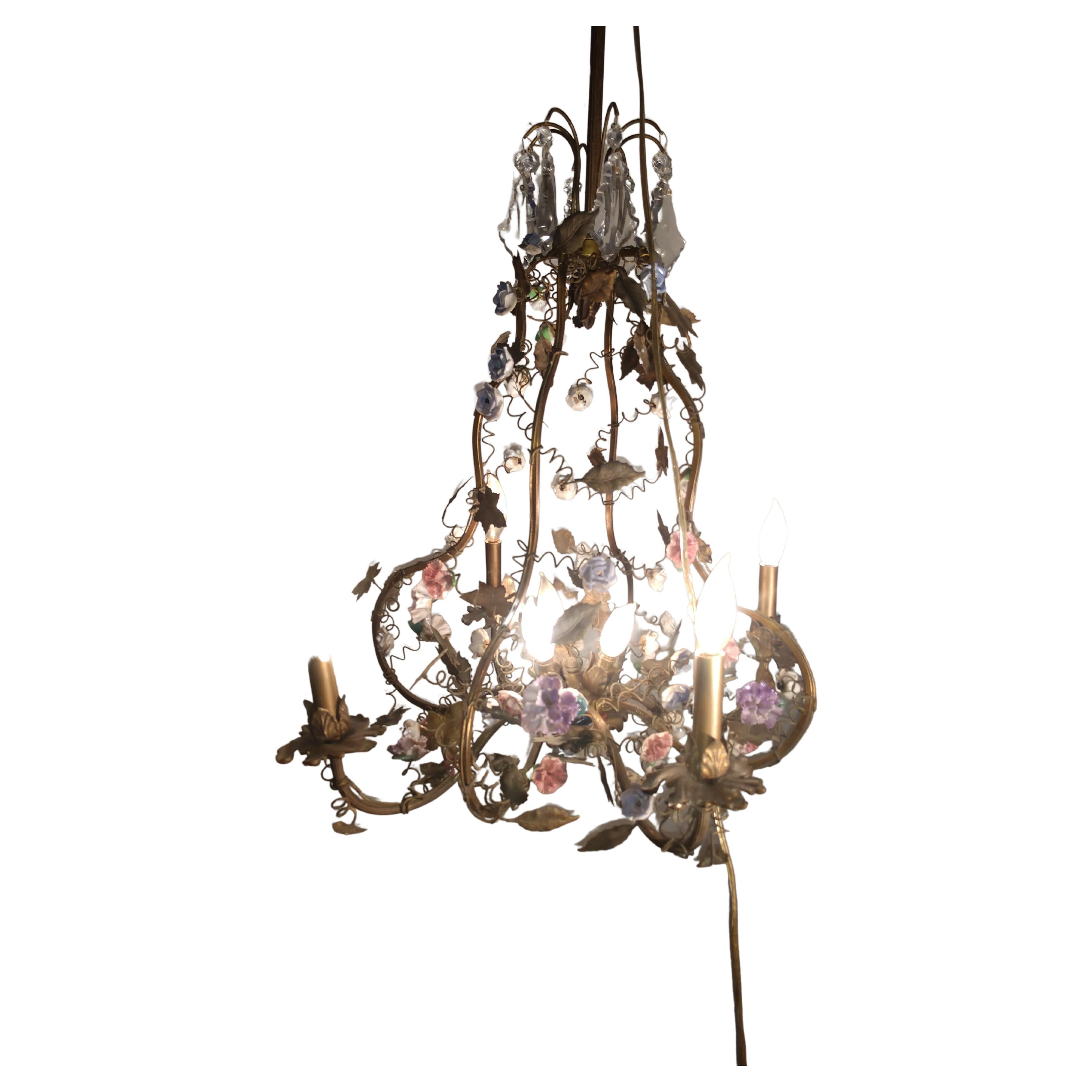 Hollywood Regency Brass Chandelier with Enameled Florets and Patinated Leaves For Sale