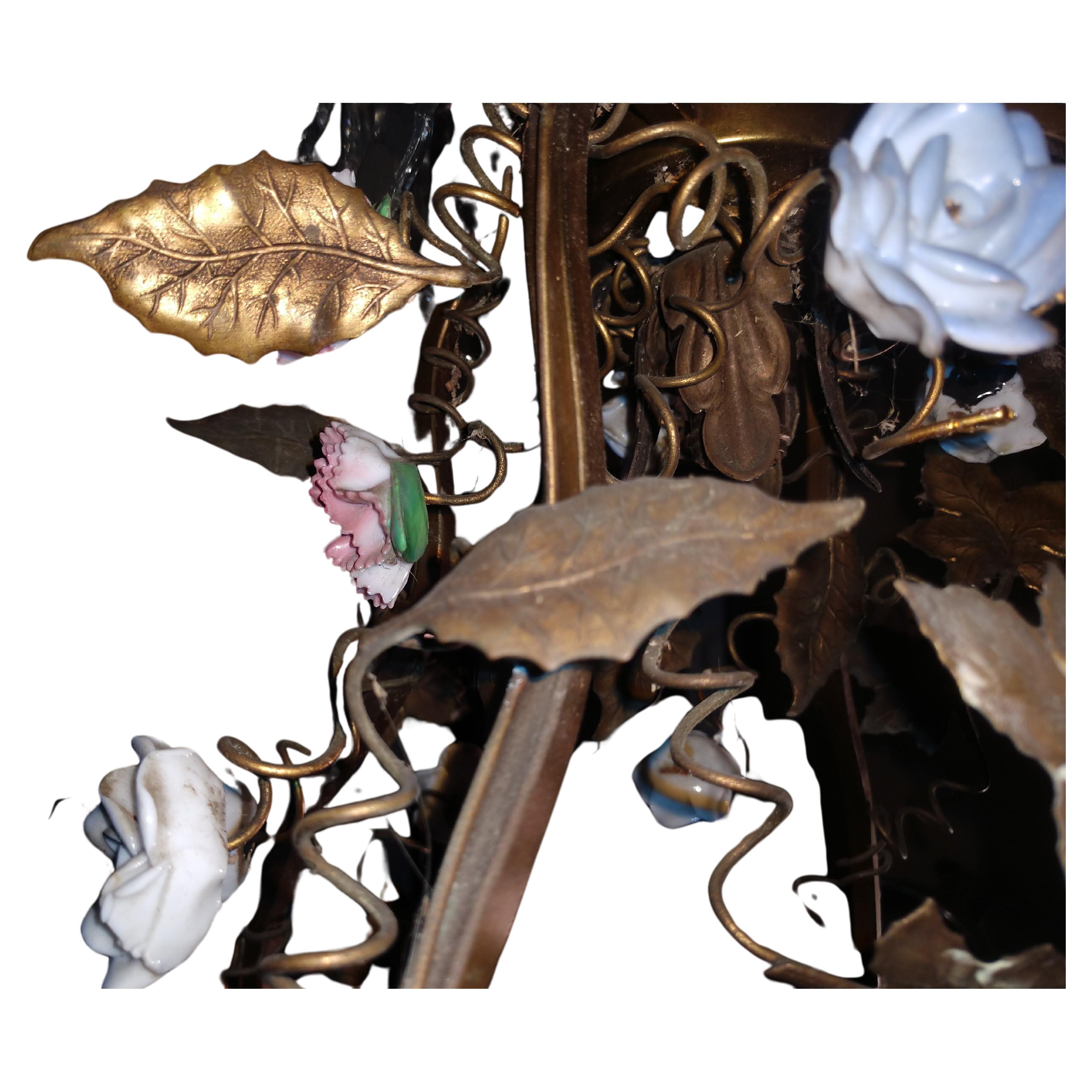 Hand-Crafted Brass Chandelier with Enameled Florets and Patinated Leaves For Sale
